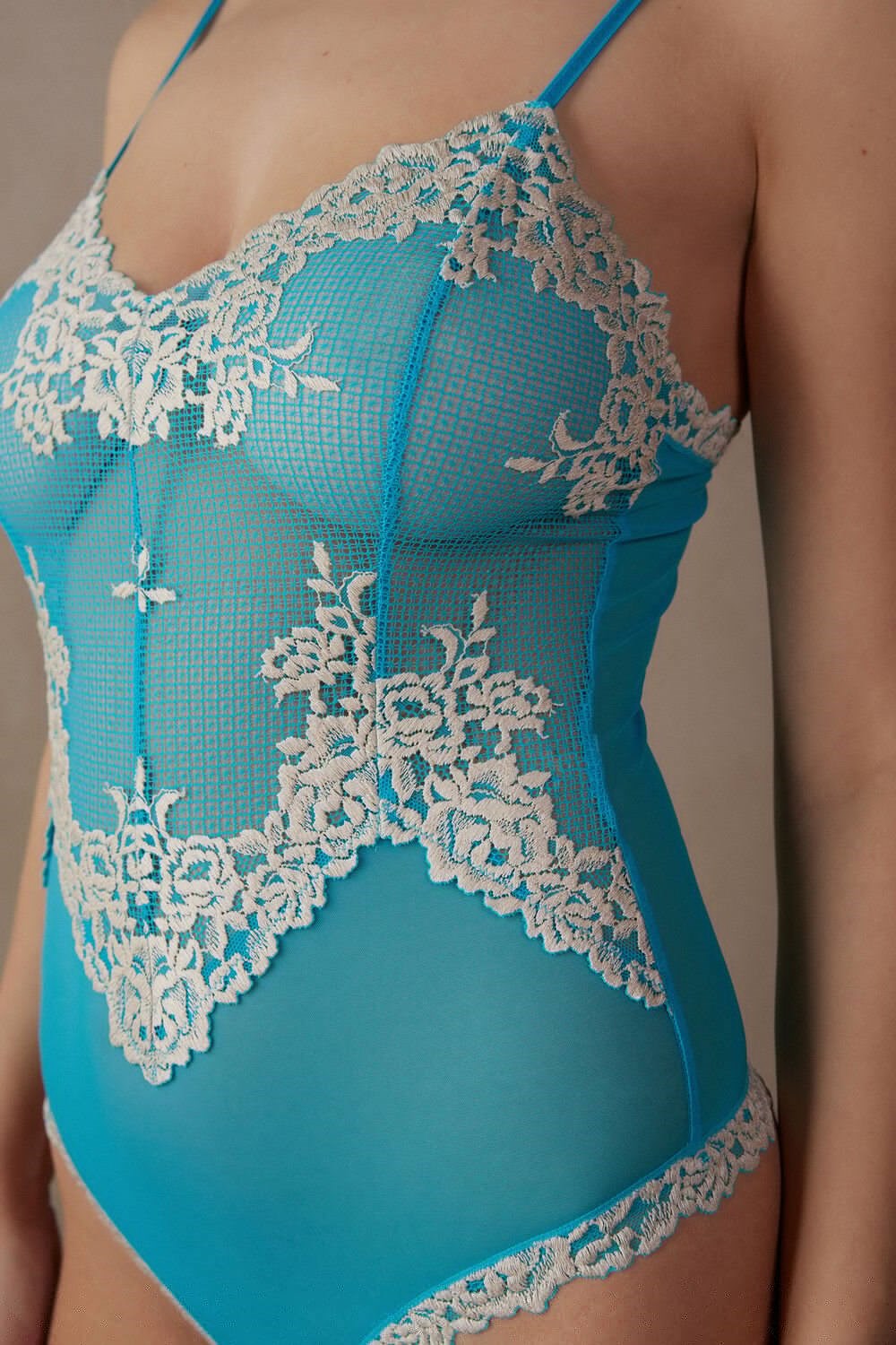 Blue - 233j - Digital Turquoise / Ivory Intimissimi Pretty Flowers Tulle and Lace Bodysuit | YLPUN6084