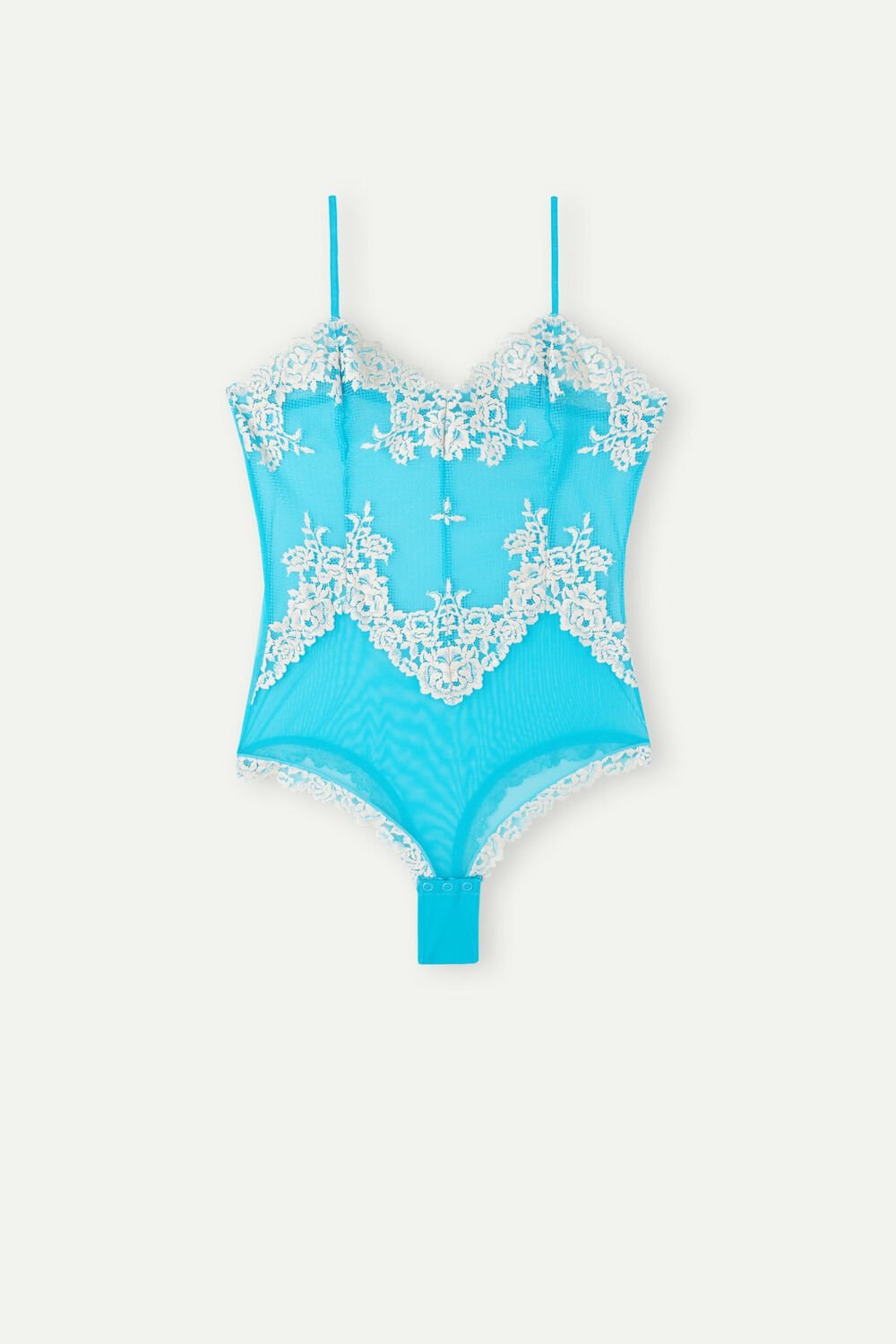 Blue - 233j - Digital Turquoise / Ivory Intimissimi Pretty Flowers Tulle and Lace Bodysuit | YLPUN6084