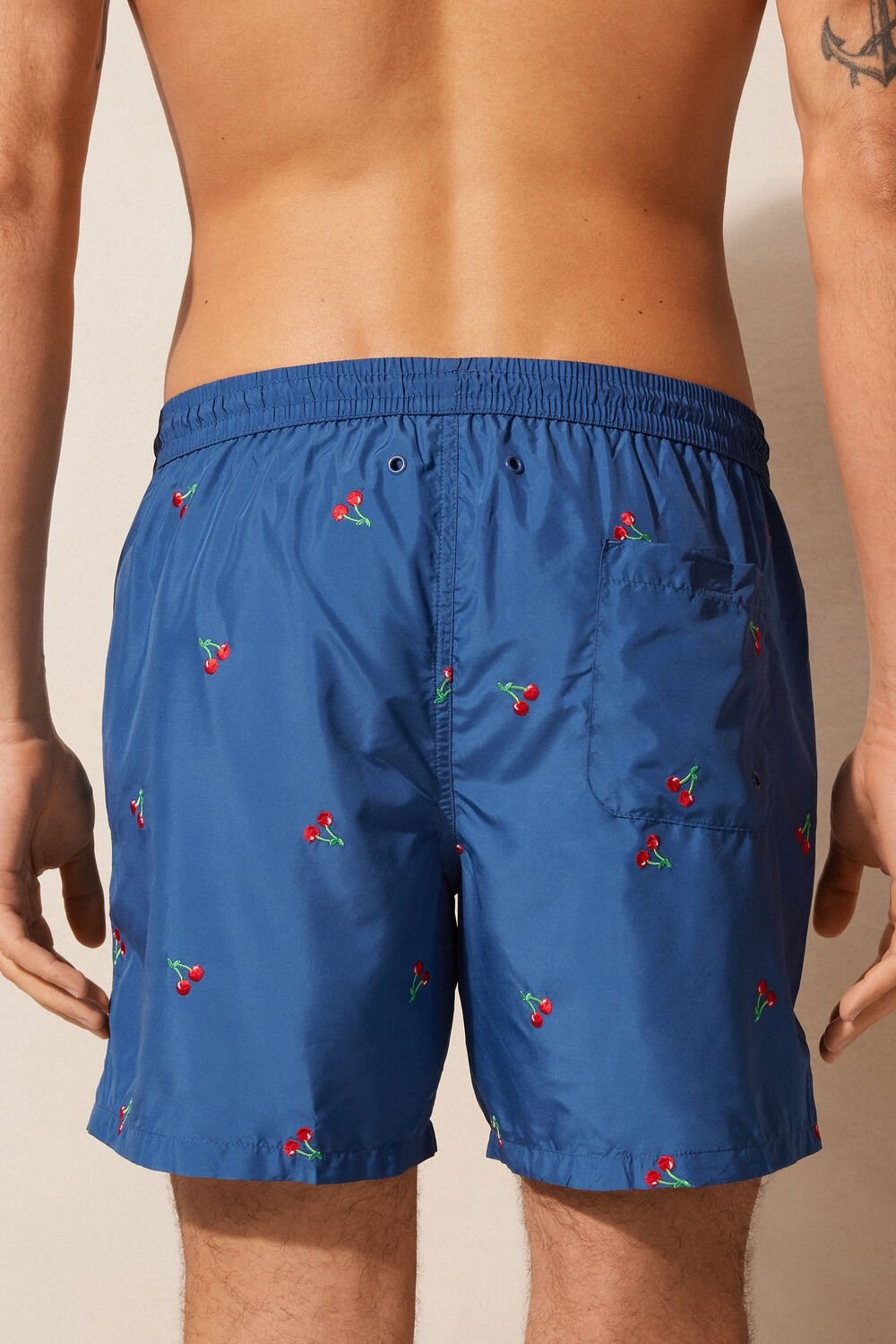 Blue - 257j - Pacific Blue Cherry Embroidery Intimissimi Embroidered Cherry Swim Trunks | KHEPC7251