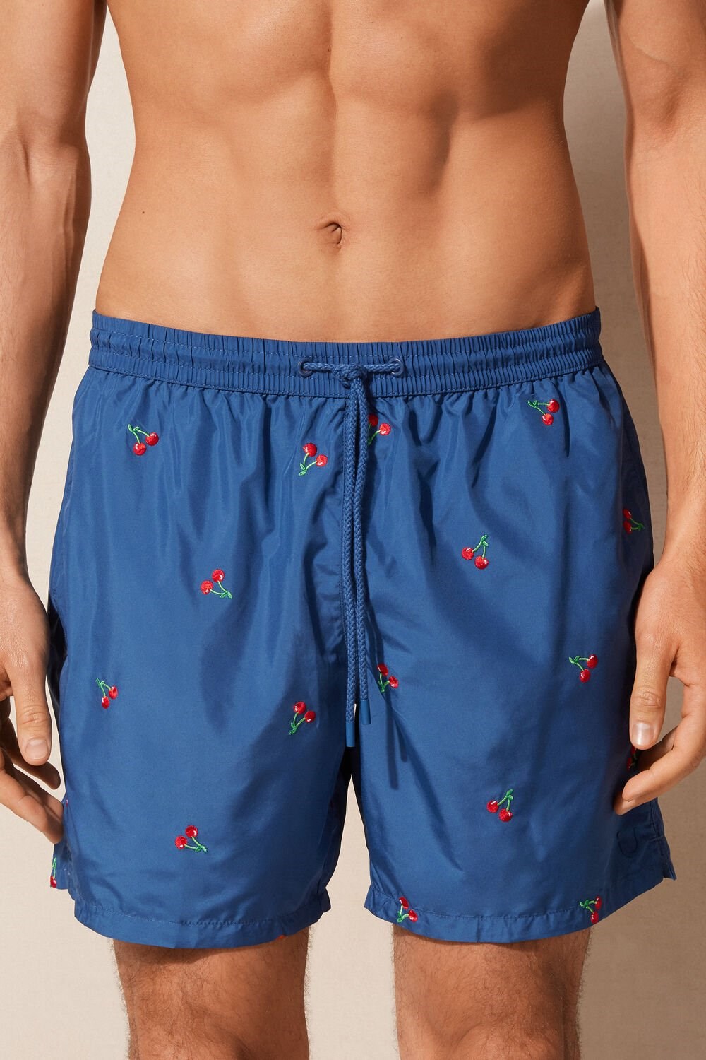 Blue - 257j - Pacific Blue Cherry Embroidery Intimissimi Embroidered Cherry Swim Trunks | KHEPC7251