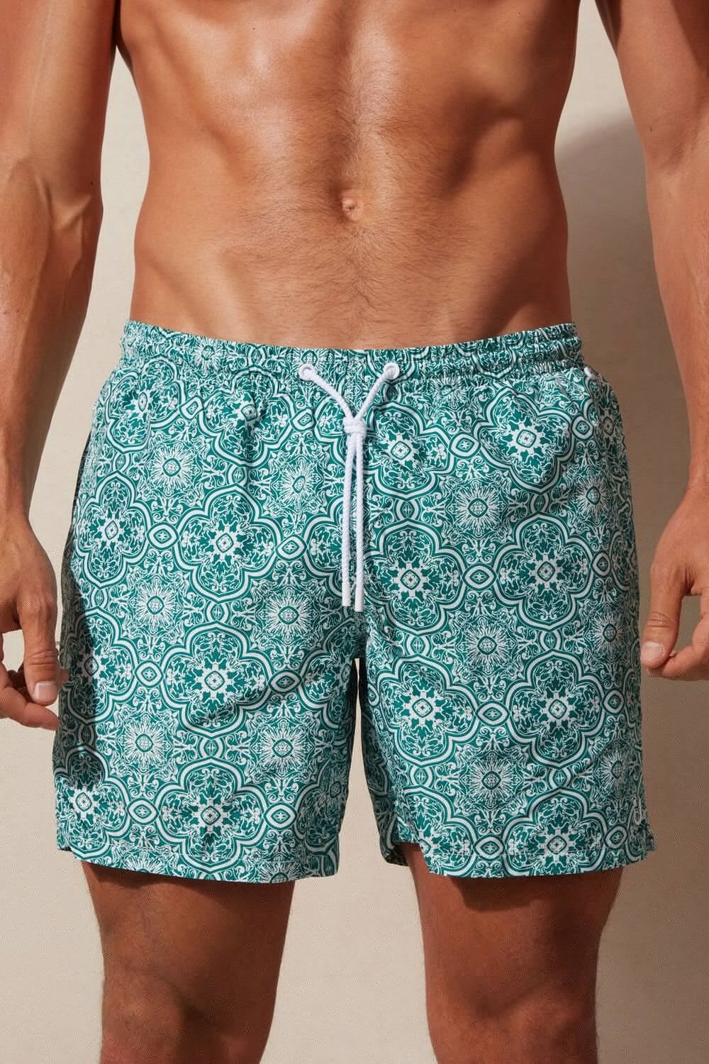 Blue - 264j - White Green Majolica Print Intimissimi Green Majolica Print Swim Trunks | FIVEX0869