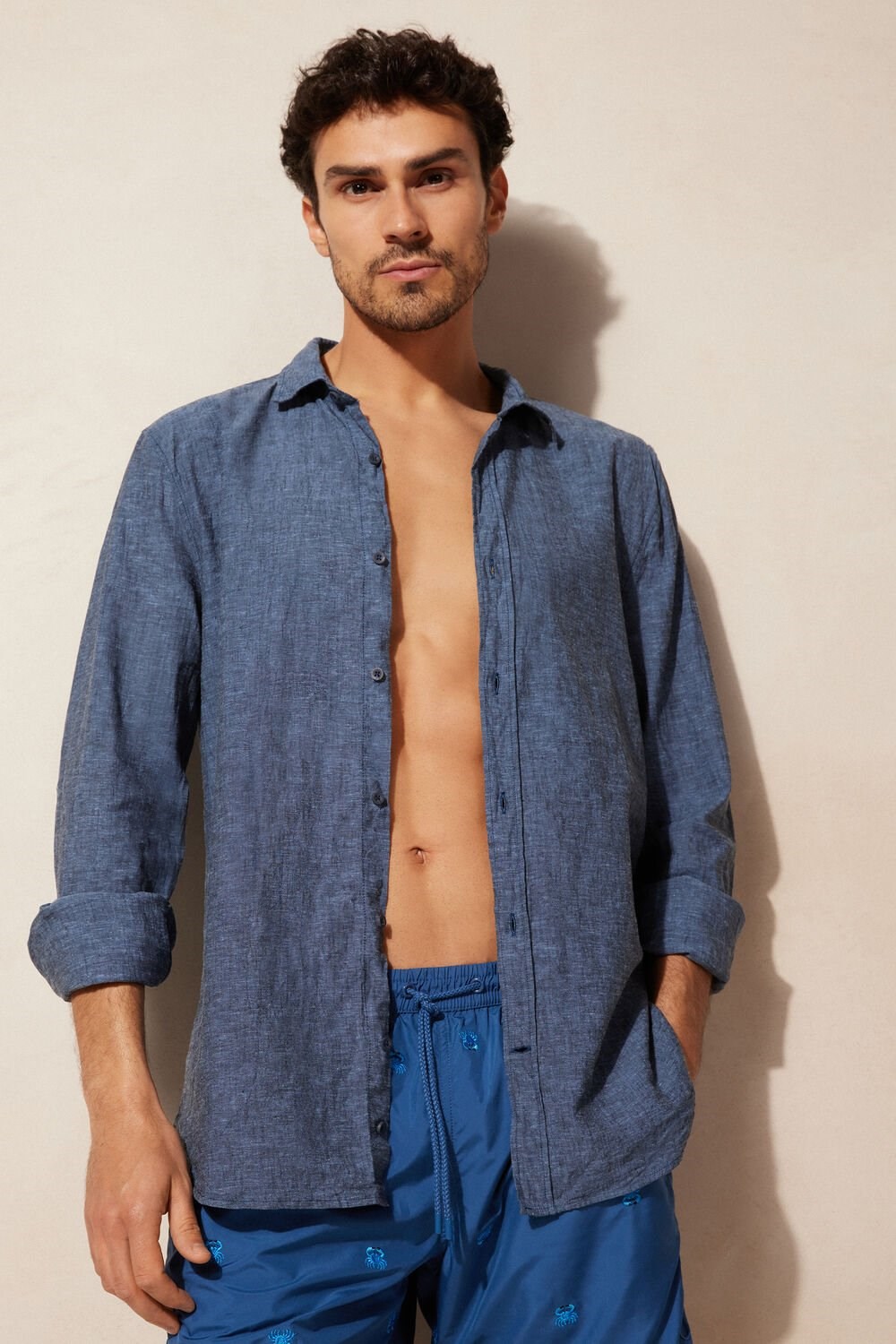 Blue - 288j - Petroleum Blue Intimissimi Linen and Cotton Shirt | SNDRY0236