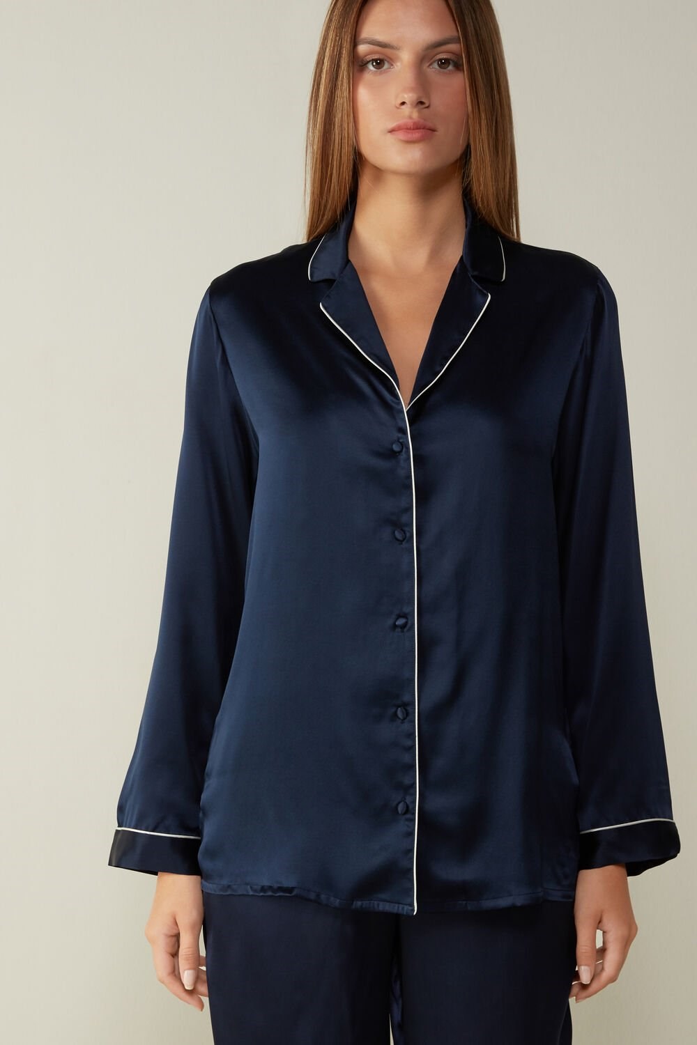 Blue - 3094 - Ink Blue Intimissimi Mannish-Cut Jacket in Silk Satin | HBECL5964