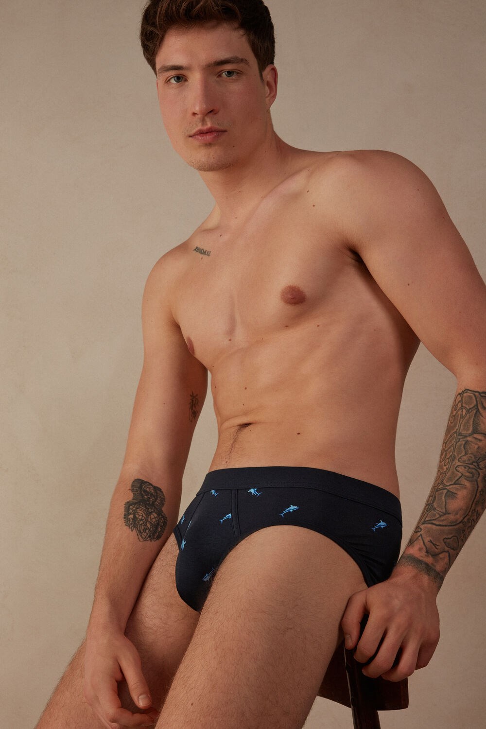 Blue - 315j - Midnight Blue Shark Print Intimissimi Shark Briefs in Natural Fresh Supima® Cotton | RZBTA4823