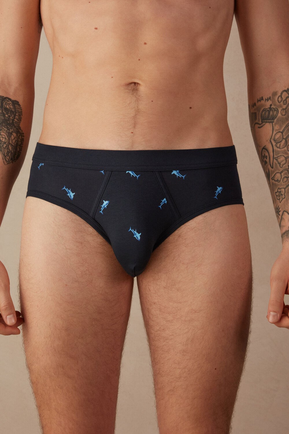 Blue - 315j - Midnight Blue Shark Print Intimissimi Shark Briefs in Natural Fresh Supima® Cotton | RZBTA4823