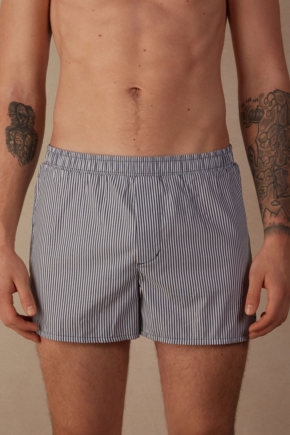 Blue - 325j - White / Blue Microstripe Intimissimi Print Detailed Boxers | MHDCA0819