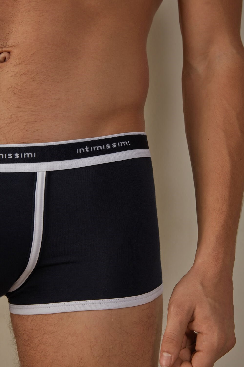 Blue - 3481 - Midnight Blue / White Intimissimi Stretch Supima® Cotton Boxer Shorts with Logo Detail | TXJSO9013