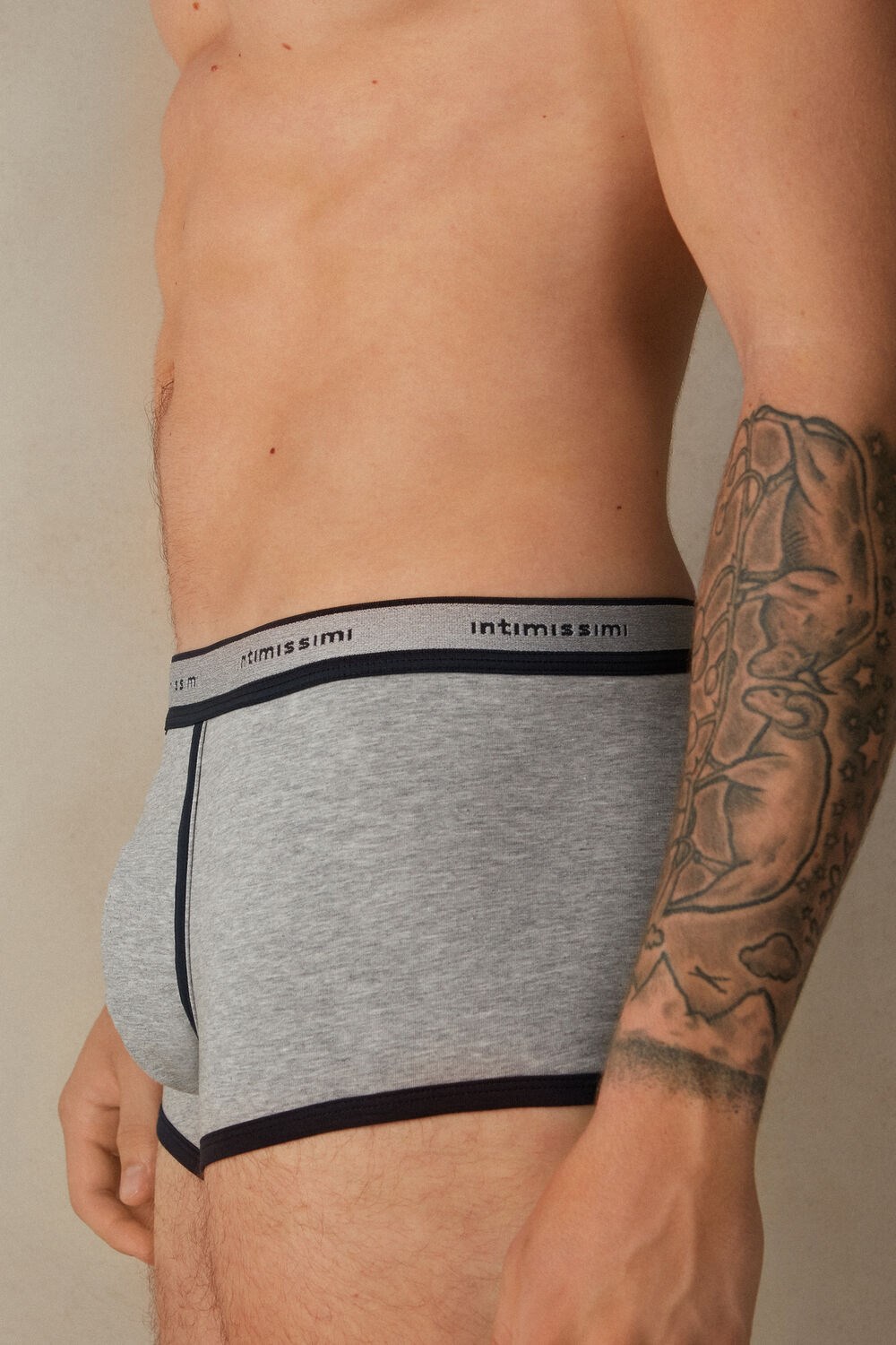 Blue - 387i - Light Grey Blend / Midnight Blue Intimissimi Stretch Supima® Cotton Boxer Shorts with Logo Detail | KWHET2837