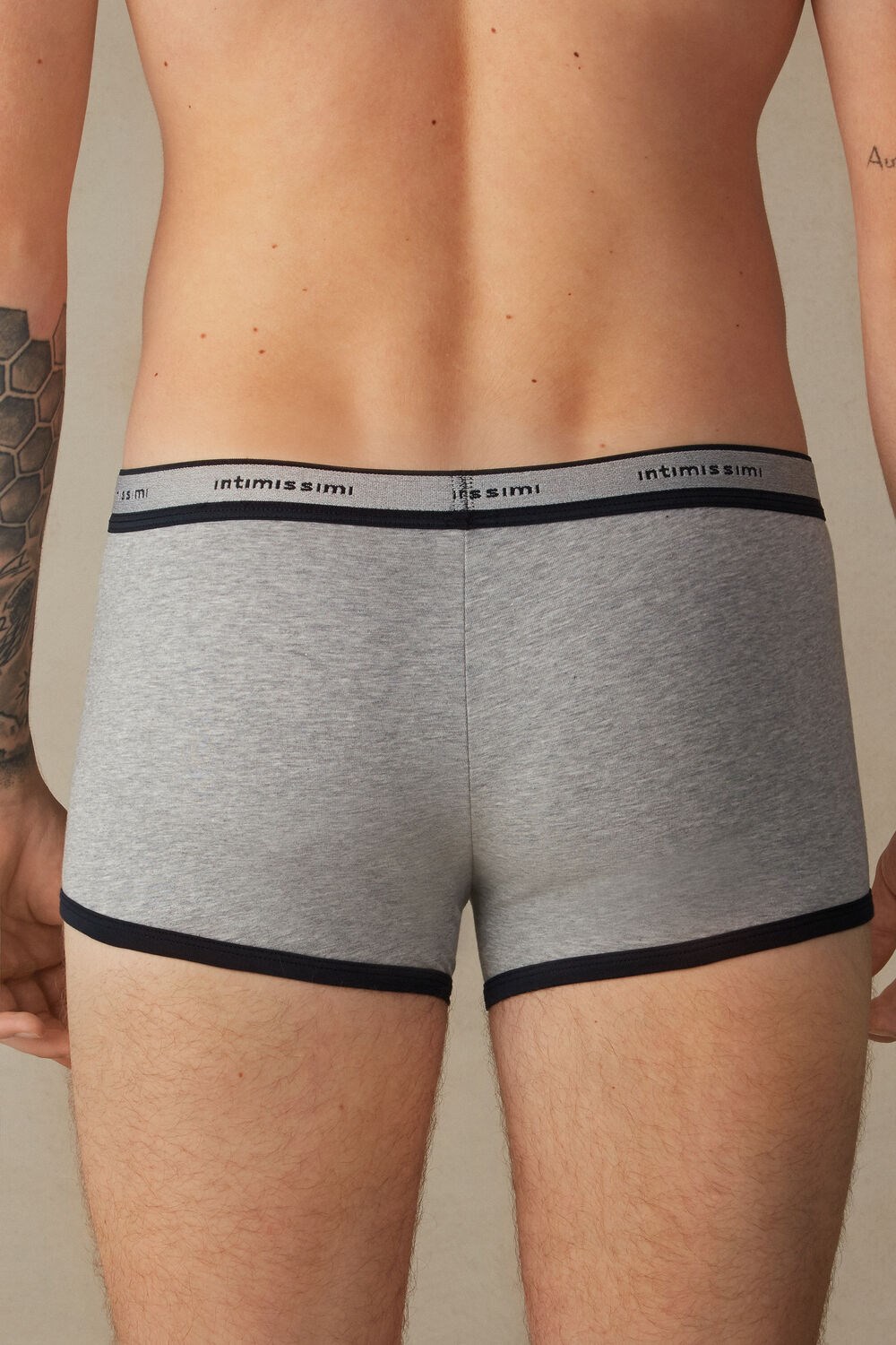 Blue - 387i - Light Grey Blend / Midnight Blue Intimissimi Stretch Supima® Cotton Boxer Shorts with Logo Detail | KWHET2837