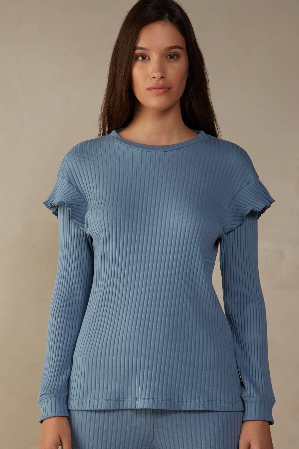 Blue - 5503 - Bianco Intimissimi Cozy Mountains Long Sleeve Ribbed Top | AHPEF0631