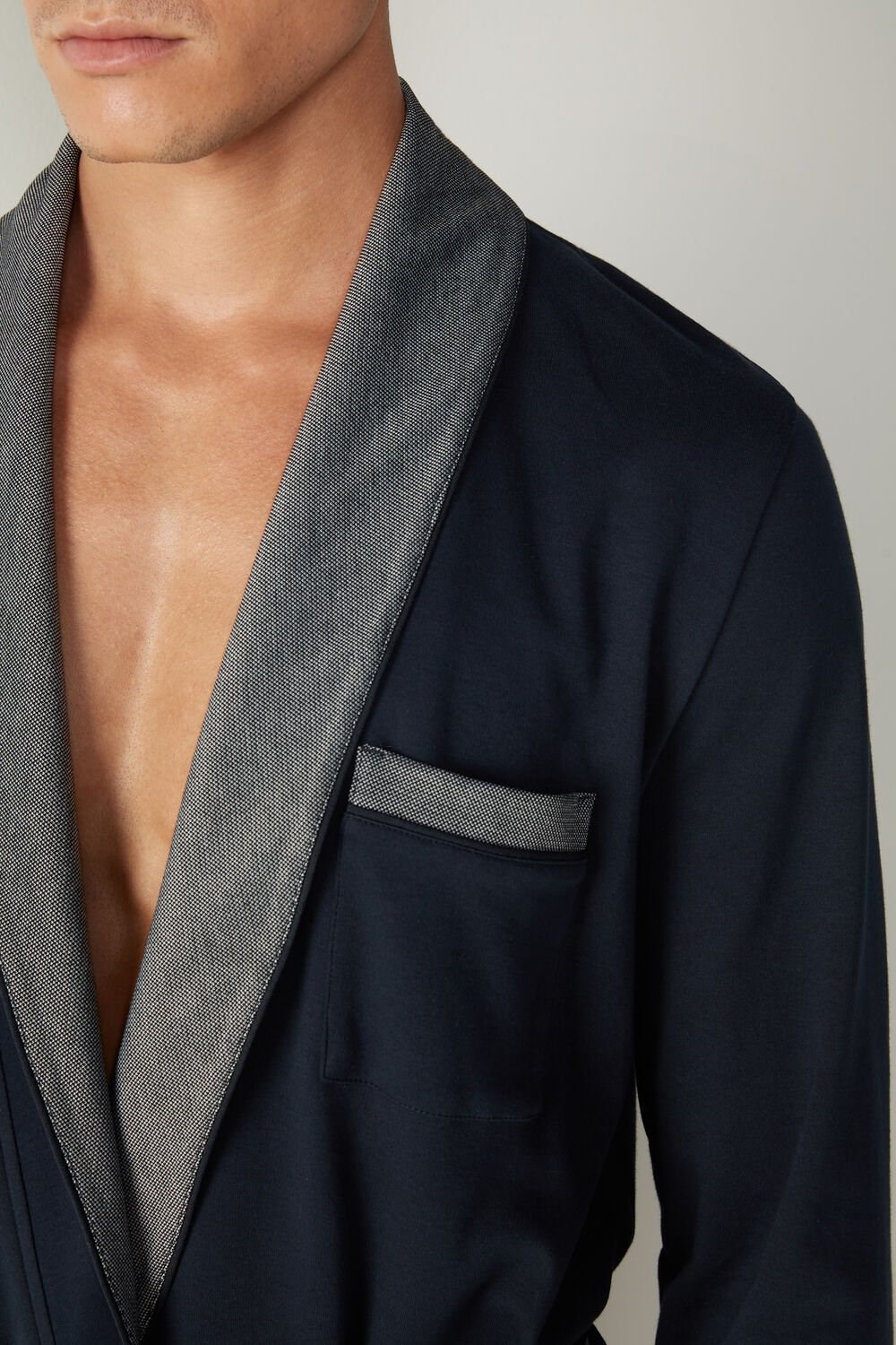 Blue - 800 - Midnight Blue Intimissimi Interlock Cotton Smoking Jacket | MCHXF0439