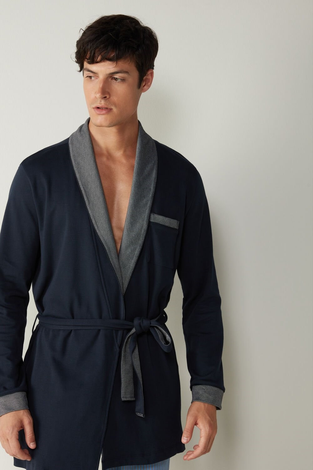 Blue - 800 - Midnight Blue Intimissimi Interlock Cotton Smoking Jacket | MCHXF0439