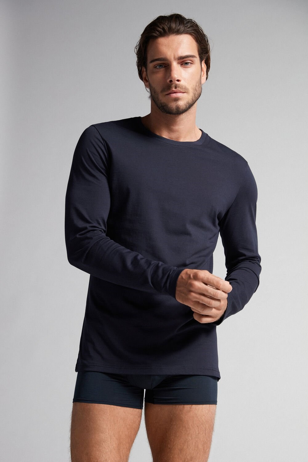 Blue - 800 - Midnight Blue Intimissimi Long-Sleeve Supima® Cotton Top | HDVYR1046