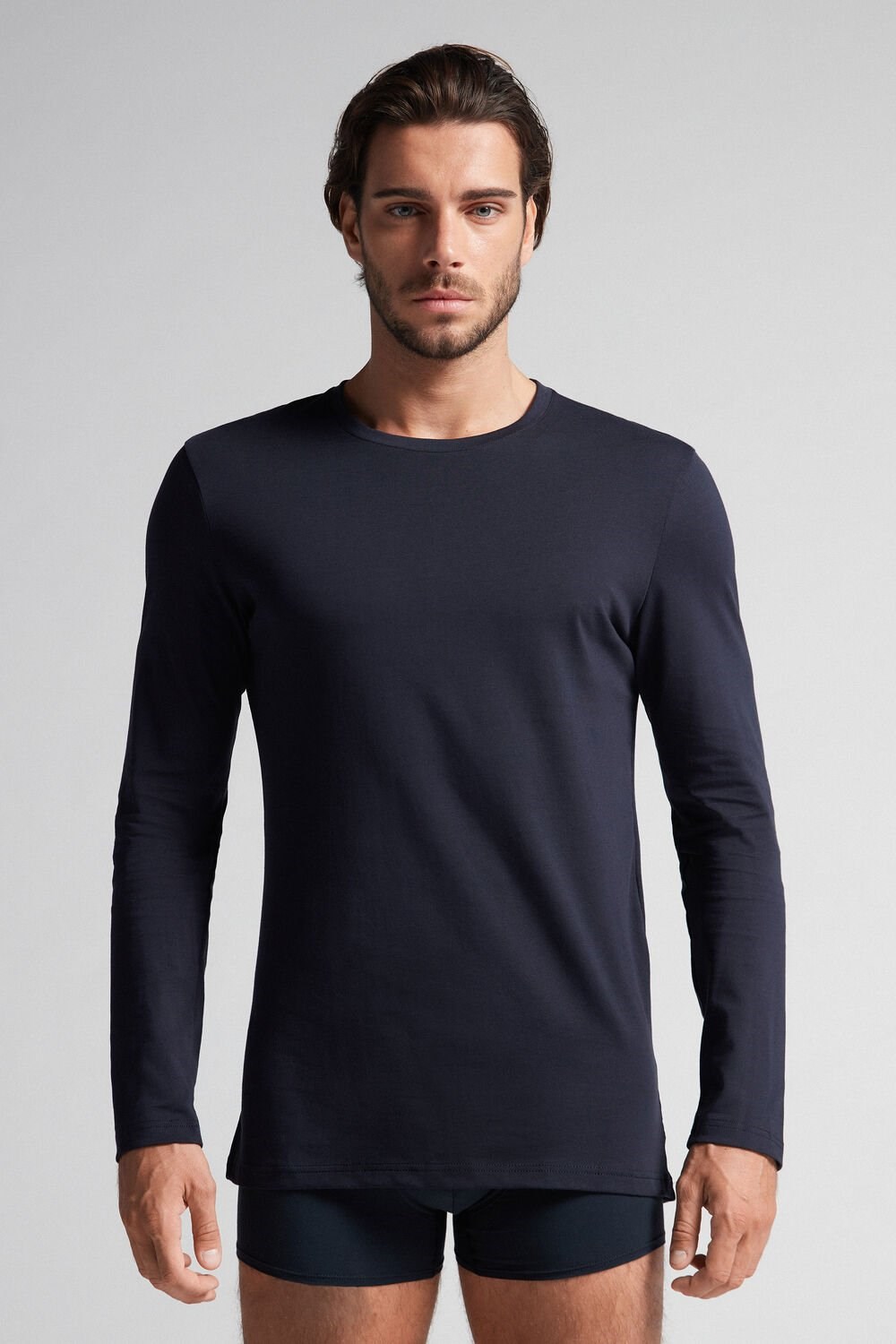 Blue - 800 - Midnight Blue Intimissimi Long-Sleeve Supima® Cotton Top | HDVYR1046