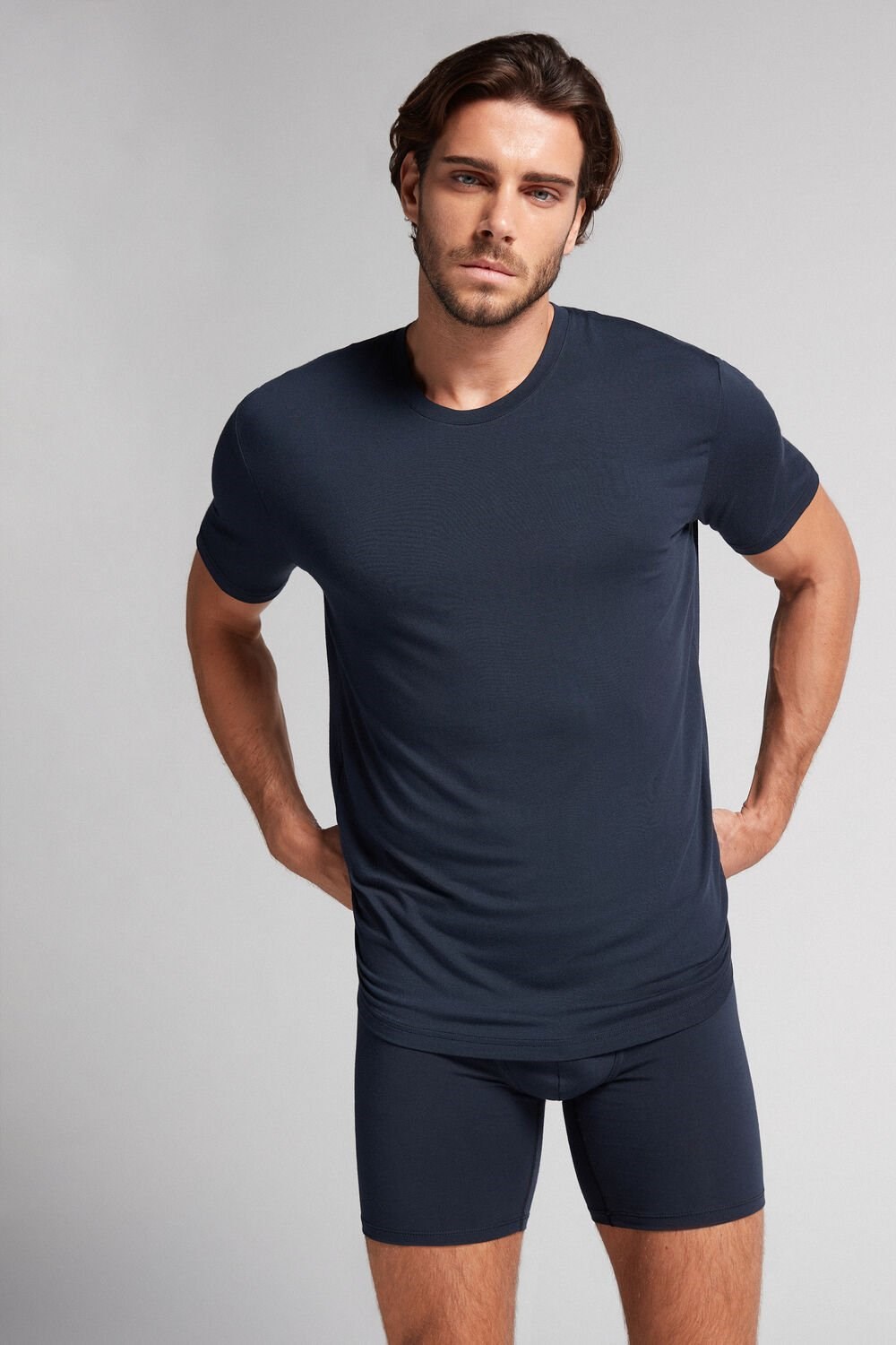 Blue - 800 - Midnight Blue Intimissimi Modal and Silk T-shirt | YBOMZ1532