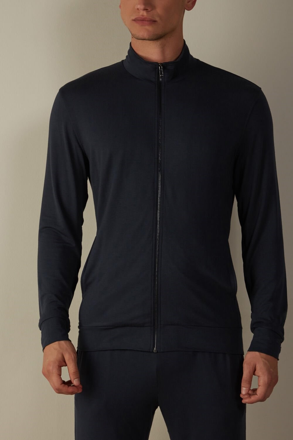 Blue - 800 - Midnight Blue Intimissimi Silk and Modal Zip-Up Sweatshirt | BCSEO7340