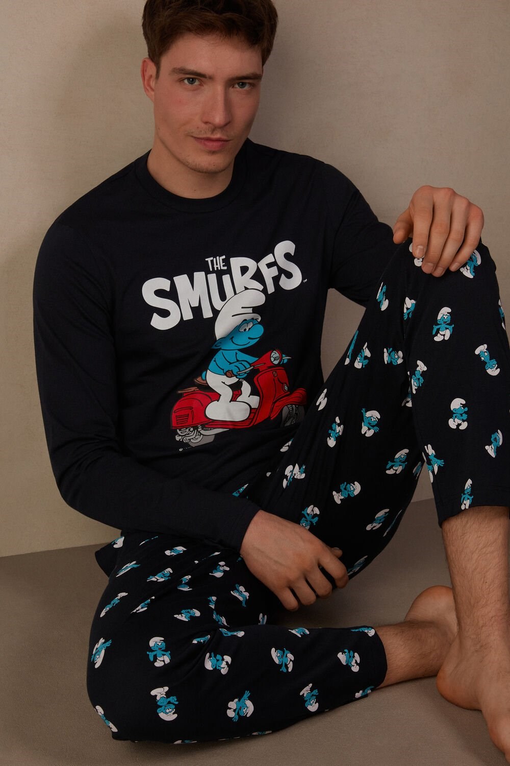 Blue - 800 - Midnight Blue Intimissimi Smurfs Full Length Cotton Pajamas | FRUGM0729