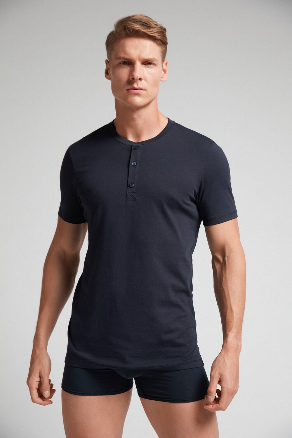 Blue - 800 - Midnight Blue Intimissimi Short-Sleeved Supima® Cotton Shirt | HZKPR4358