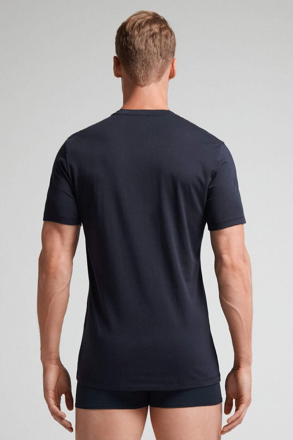 Blue - 800 - Midnight Blue Intimissimi Short-Sleeved Supima® Cotton Shirt | HZKPR4358