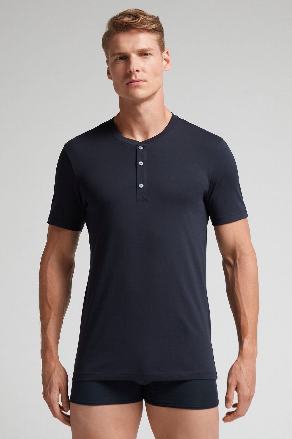 Blue - 800 - Midnight Blue Intimissimi Short-Sleeved Supima® Cotton Shirt | HZKPR4358