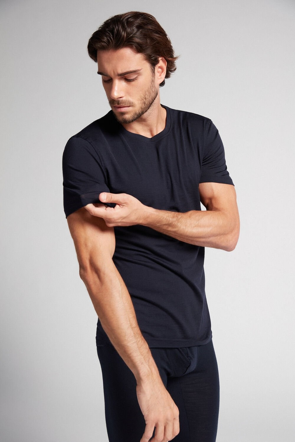 Blue - 800 - Midnight Blue Intimissimi Stretch Merino Wool Short-Sleeve T-Shirt | PCSFT3804