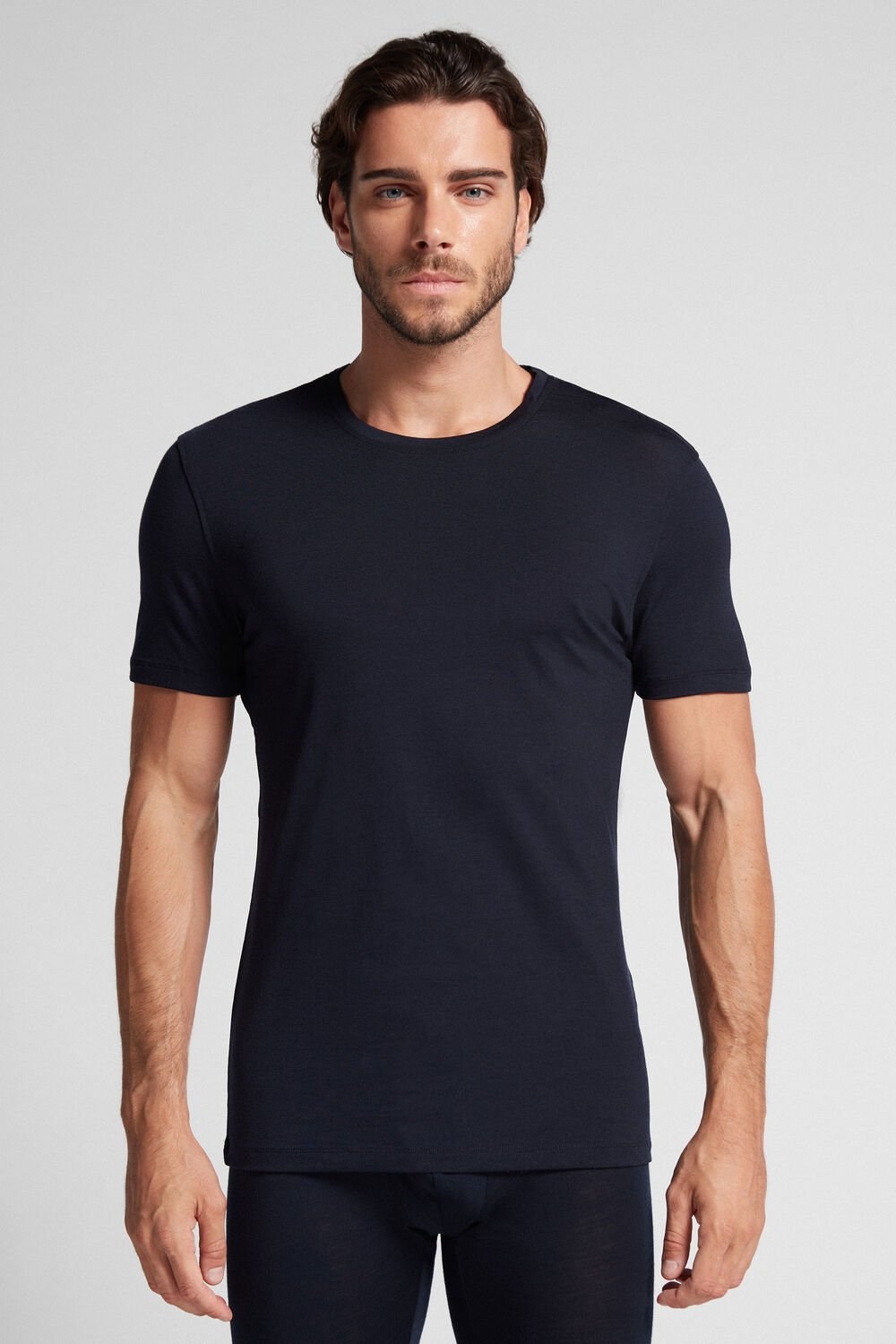 Blue - 800 - Midnight Blue Intimissimi Stretch Merino Wool Short-Sleeve T-Shirt | PCSFT3804