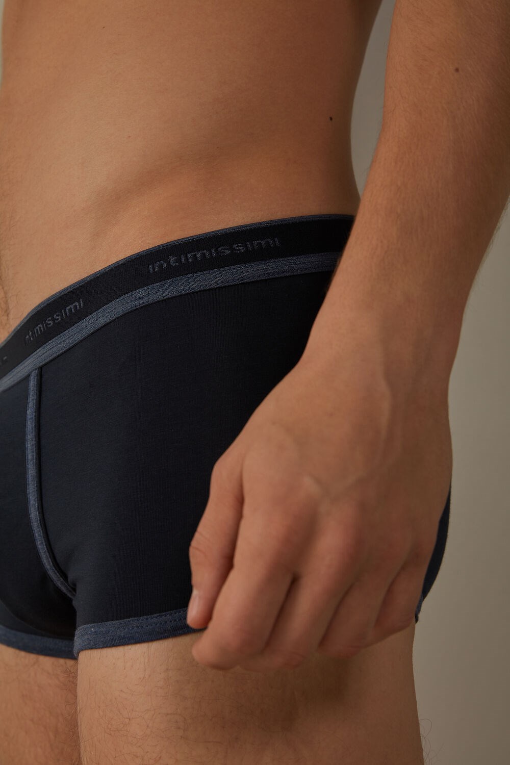 Blue - 844i - Midnight Blue / Heathered Denim Blue Intimissimi Stretch Supima® Cotton Boxer Shorts with Logo Detail | XUAMW9061