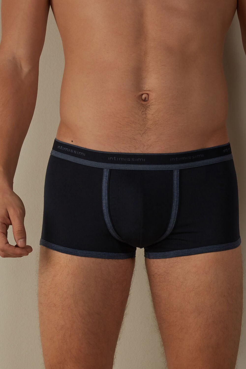 Blue - 844i - Midnight Blue / Heathered Denim Blue Intimissimi Stretch Supima® Cotton Boxer Shorts with Logo Detail | XUAMW9061