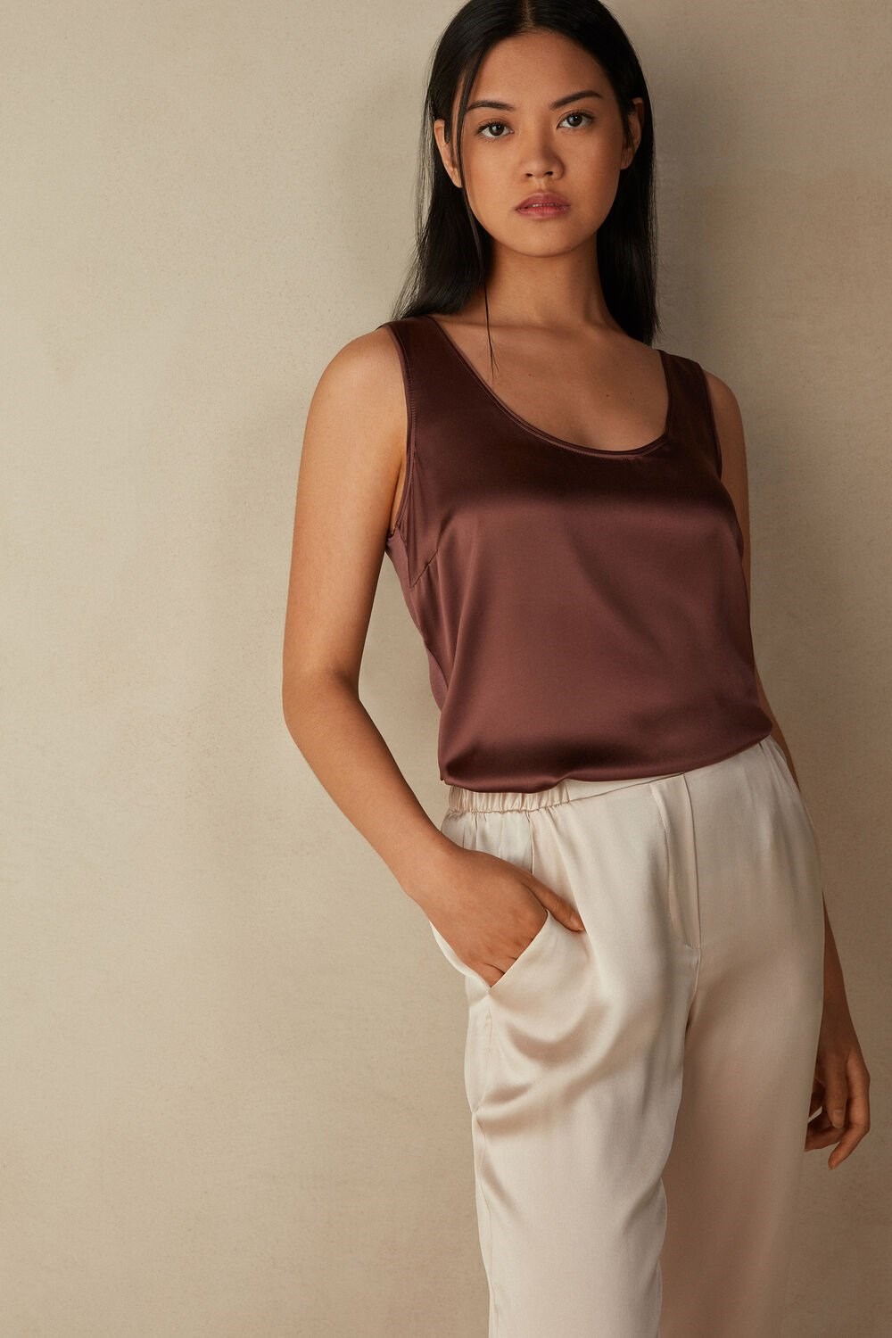 Brown - 002j - Nutmeg Brown Intimissimi Silk and Modal Tank Top | NYTQO2148