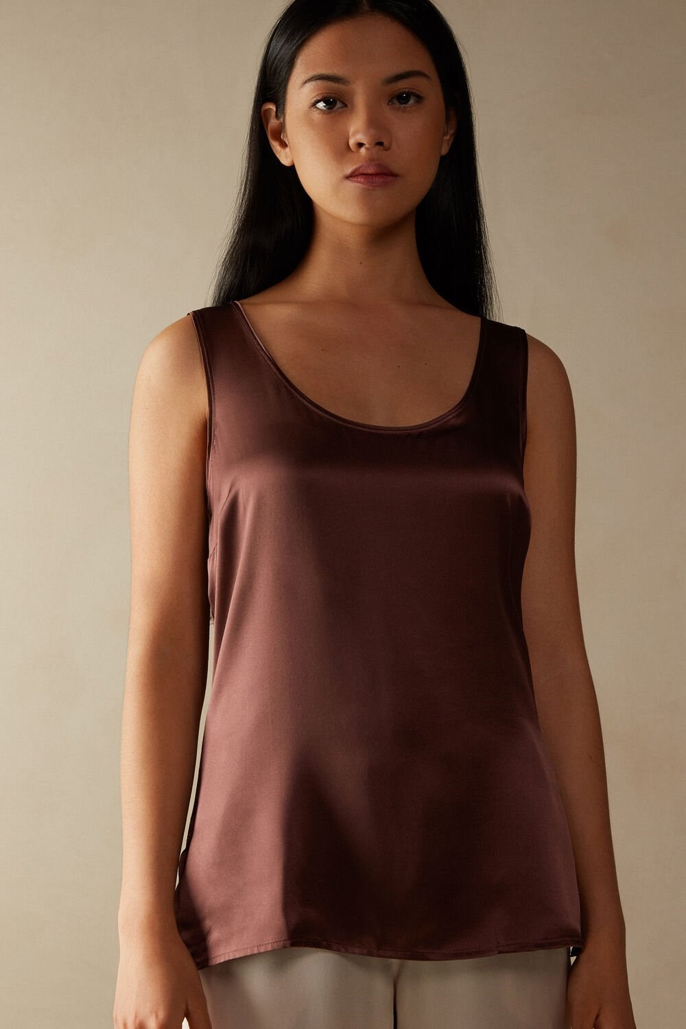 Brown - 002j - Nutmeg Brown Intimissimi Silk and Modal Tank Top | NYTQO2148