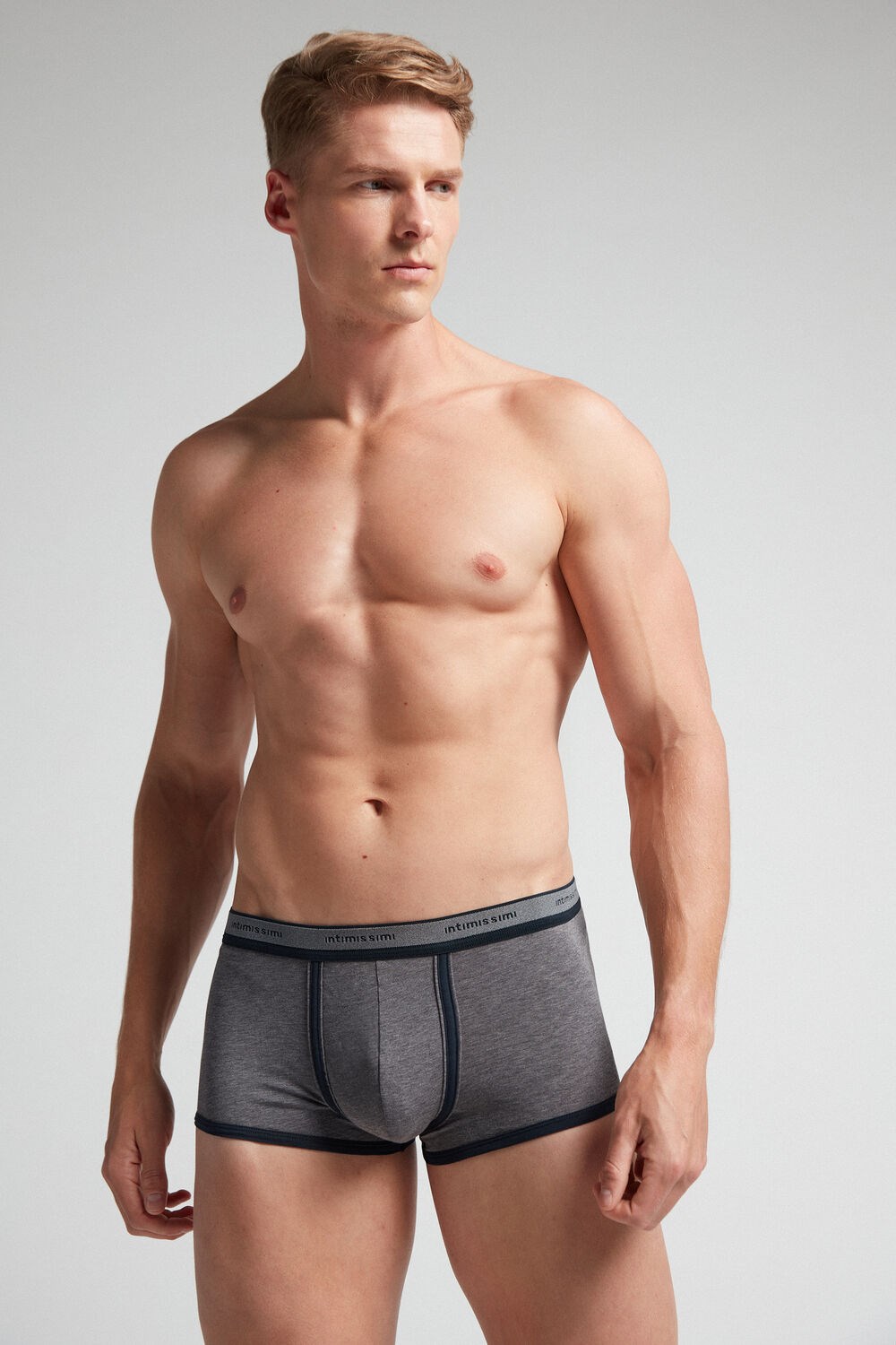 Dark Grey - 080i - Heathered Graphite Grey / Blue Intimissimi Natural Fresh Supima® Cotton Boxers with Logo | BTEYM1703