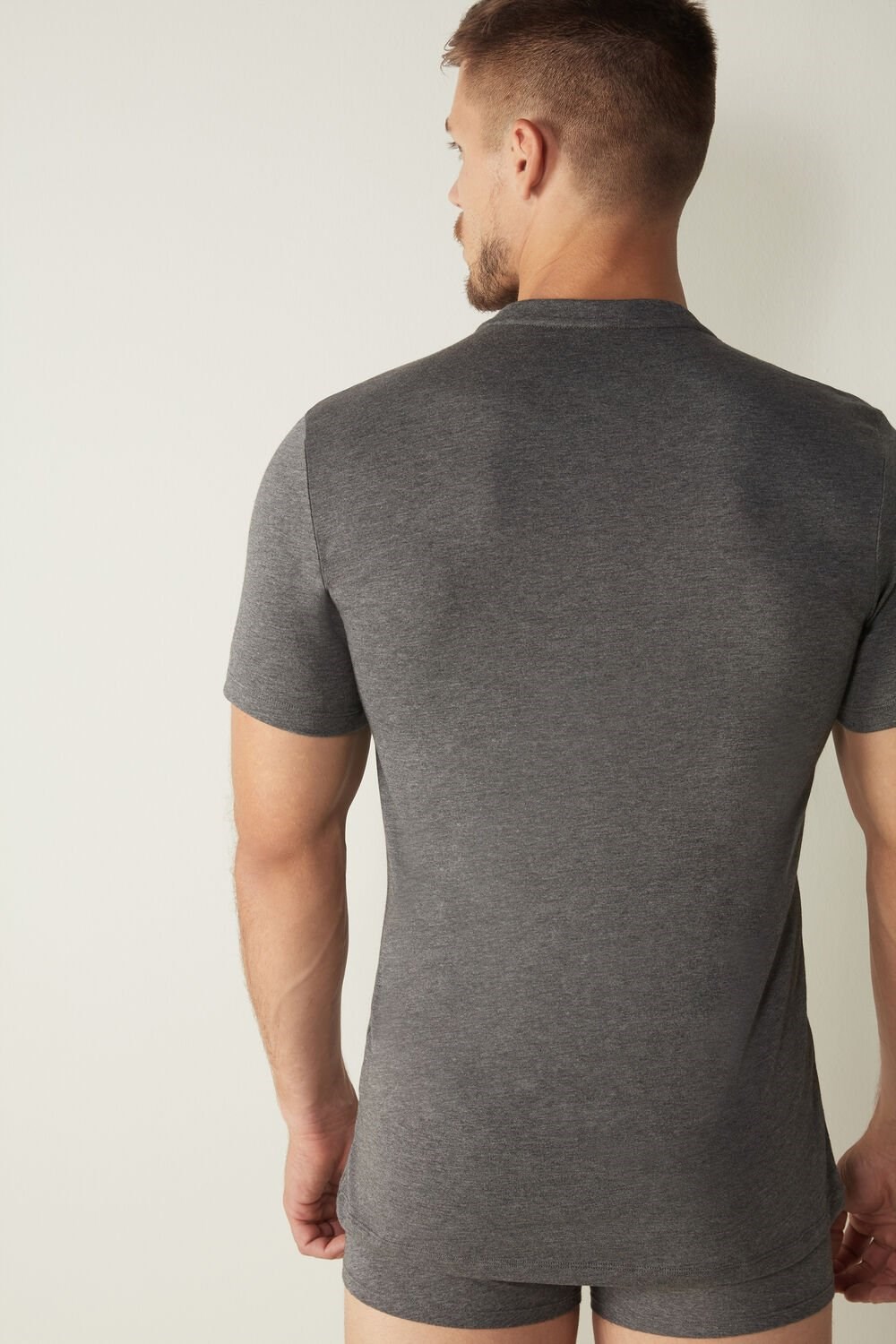 Dark Grey - 5227 - Heathered Graphite Grey Intimissimi Short-Sleeved Supima® Cotton Shirt | GPNTJ7521