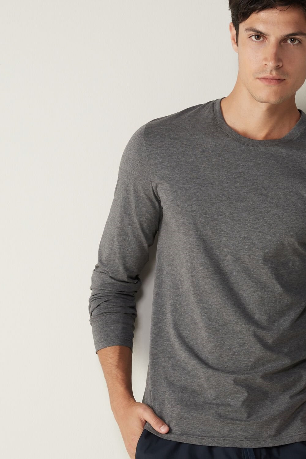 Dark Grey - 5227 - Heathered Graphite Grey Intimissimi Long-Sleeve Supima® Cotton Top | MXQOB6415