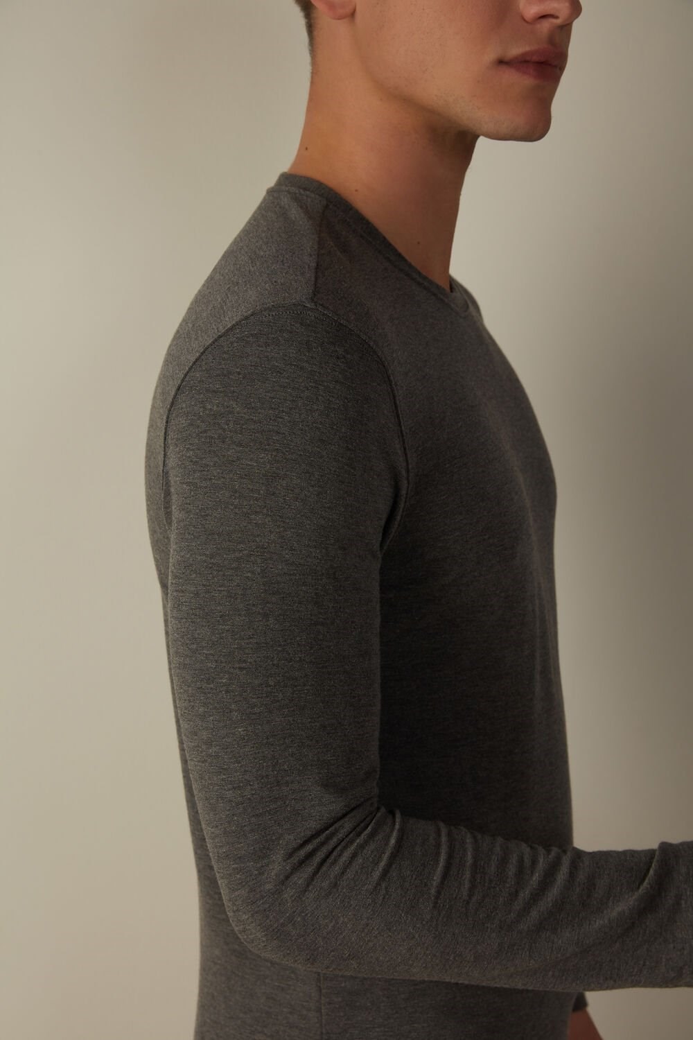 Dark Grey - 5227 - Heathered Graphite Grey Intimissimi Long-Sleeve Modal-Cashmere Top | WAGFZ7580