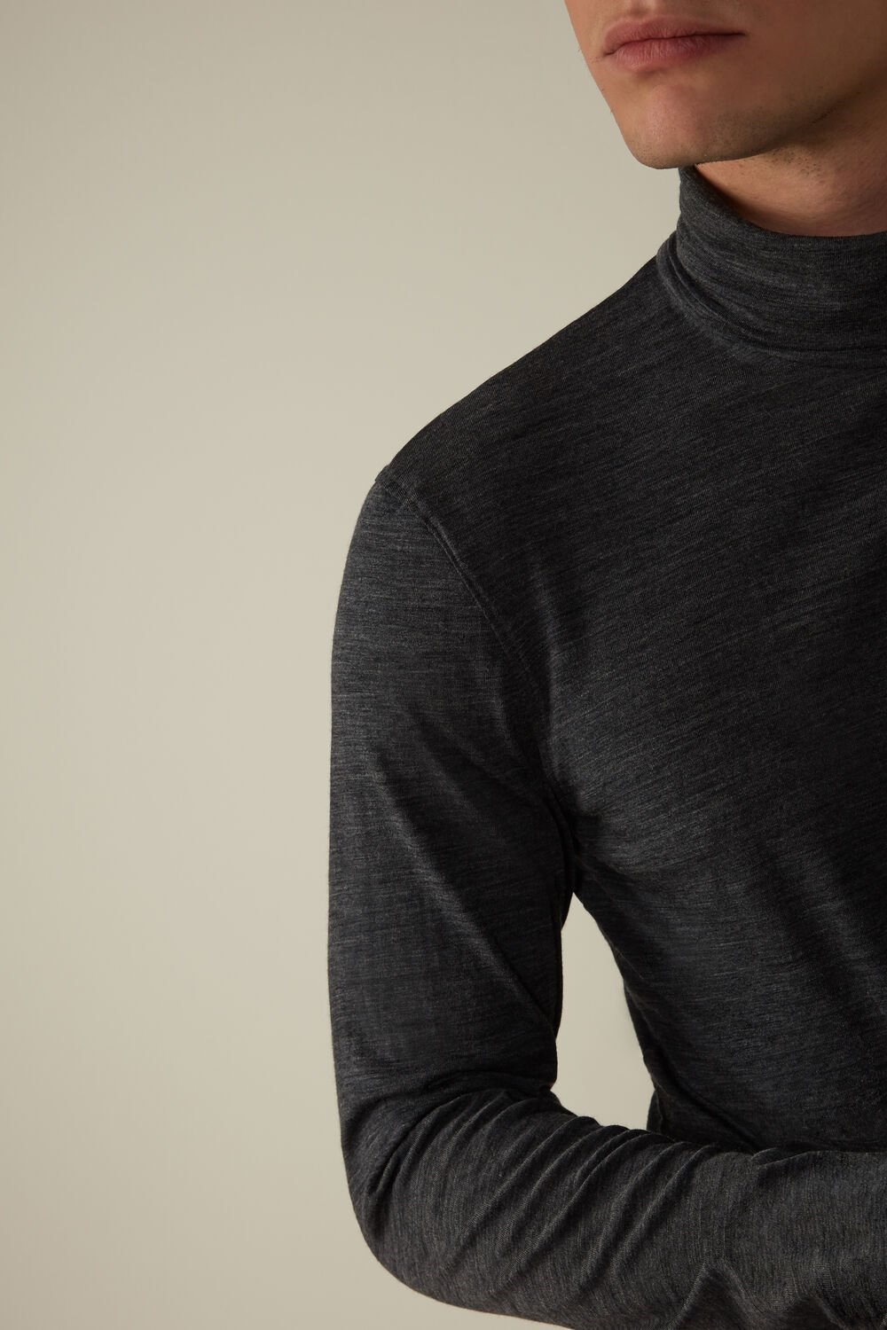 Dark Grey - 7522 - Charcoal Grey Blend Intimissimi Long-sleeve High-Neck Merino-Wool Top | CBRIO5207