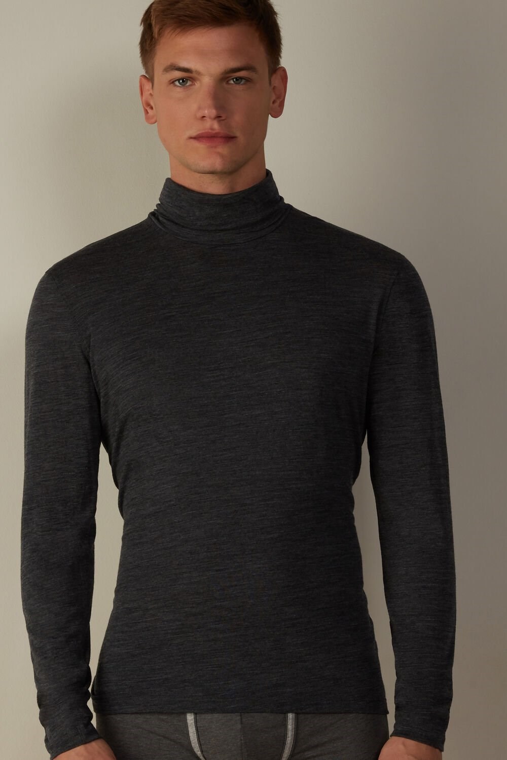 Dark Grey - 7522 - Charcoal Grey Blend Intimissimi Long-sleeve High-Neck Merino-Wool Top | CBRIO5207