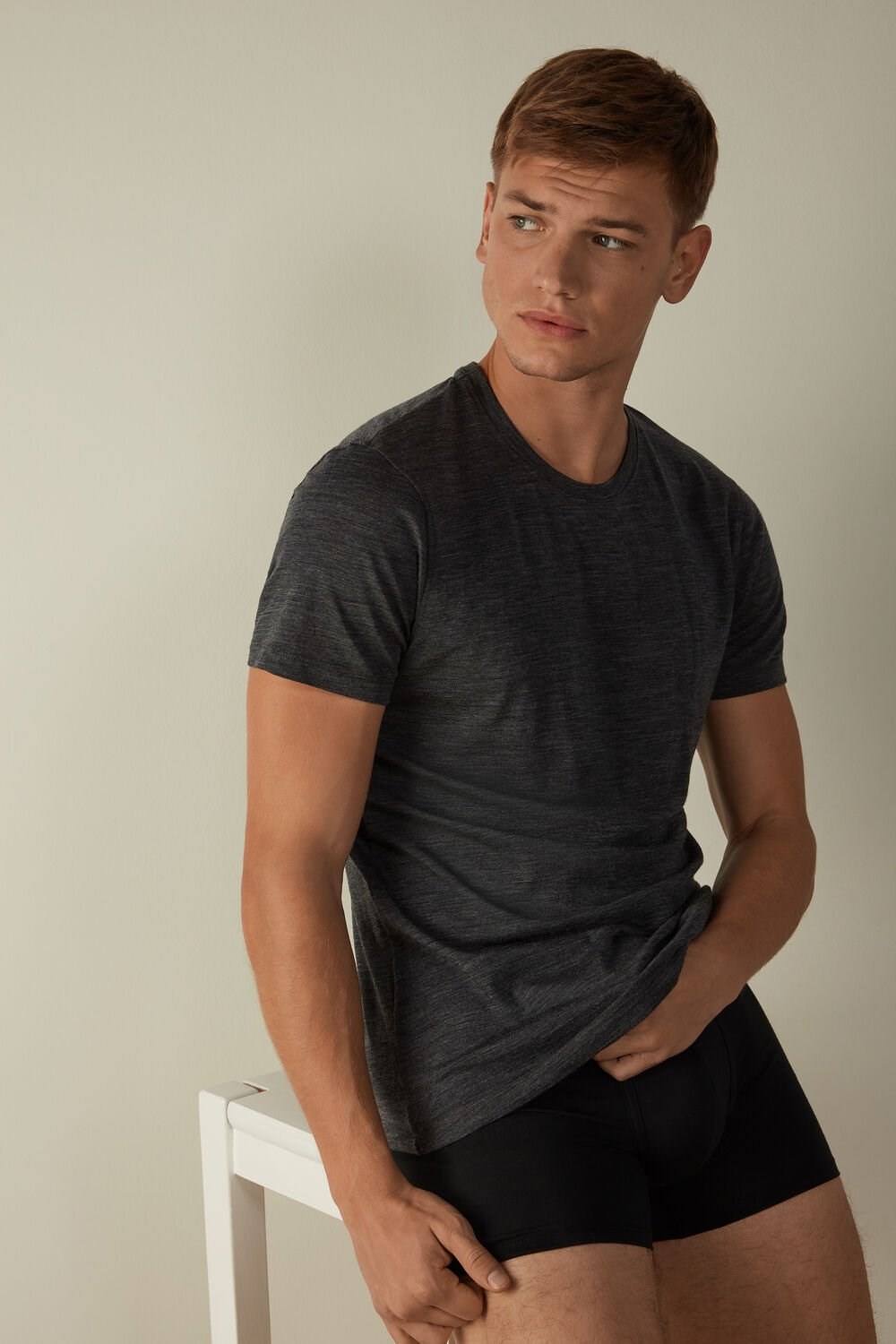 Dark Grey - 7522 - Charcoal Grey Blend Intimissimi Stretch Merino Wool Short-Sleeve T-Shirt | TYCFV1870