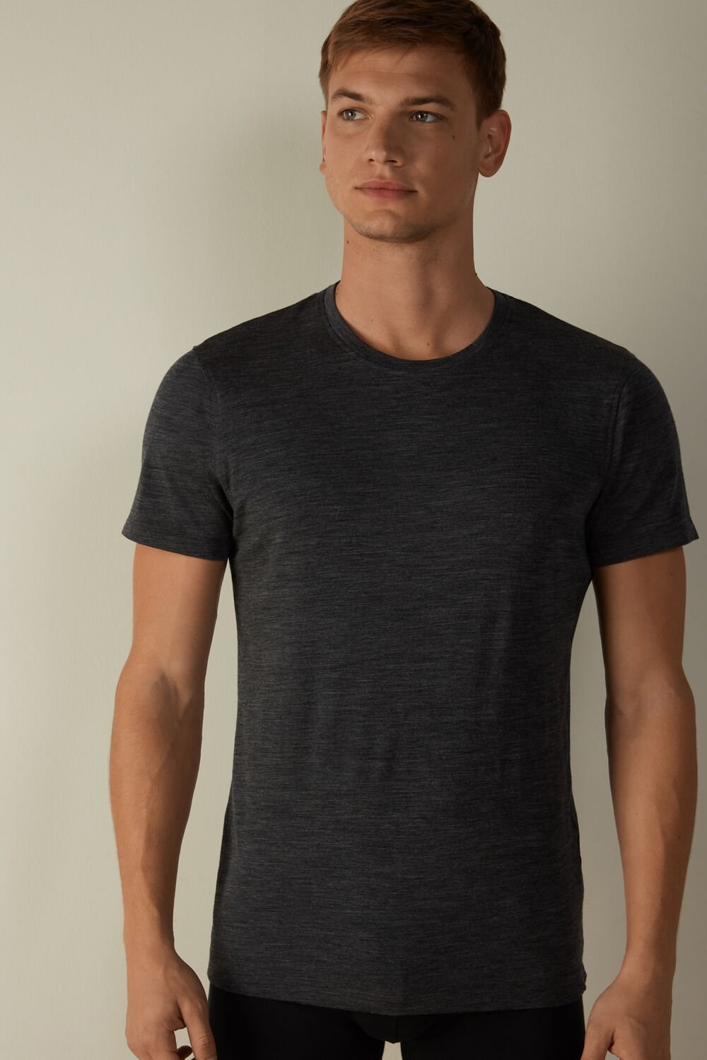 Dark Grey - 7522 - Charcoal Grey Blend Intimissimi Stretch Merino Wool Short-Sleeve T-Shirt | TYCFV1870