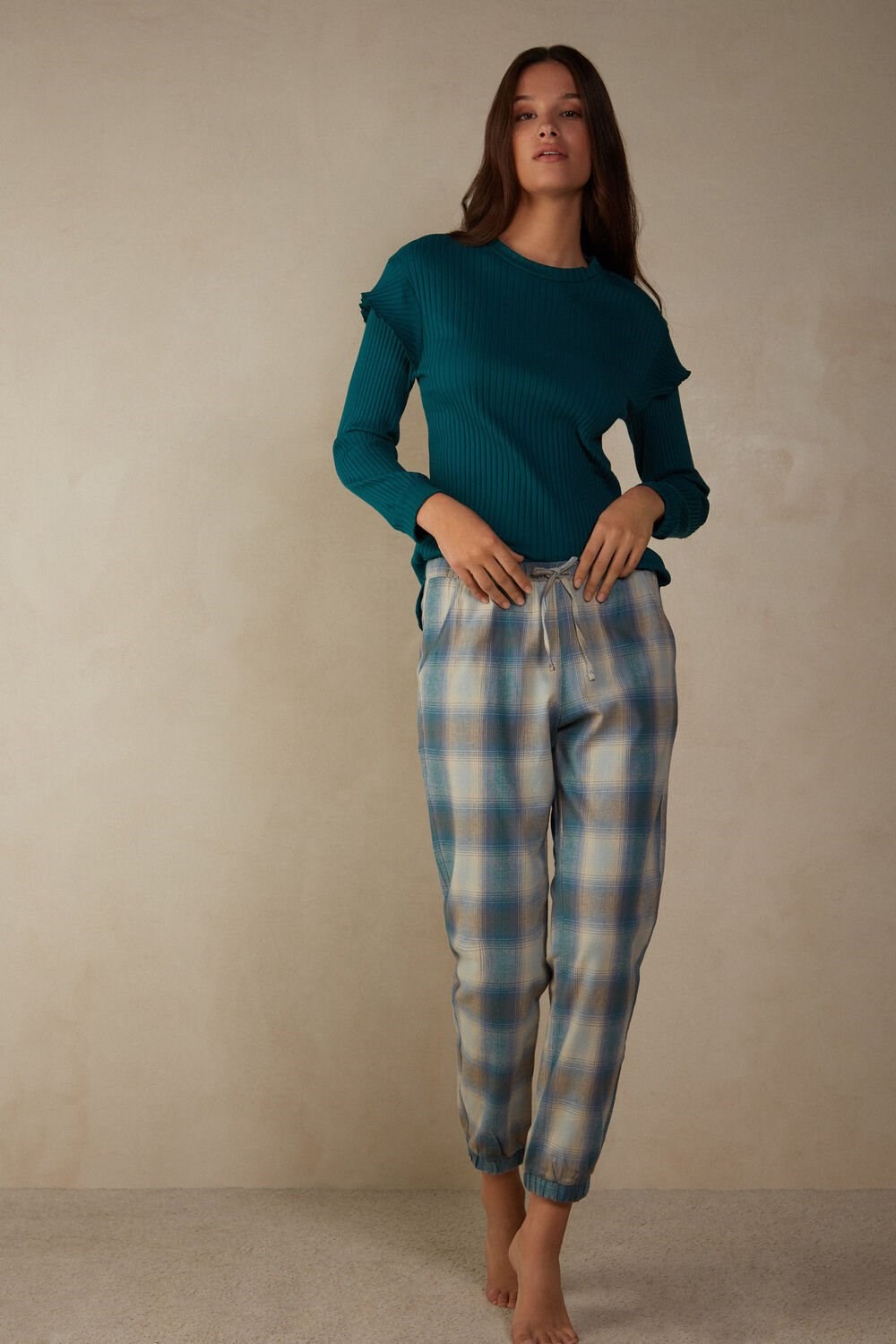 Green - 148j - Evergreen / Blue Nile Check Print Intimissimi Cozy Mountains Brushed Cloth Pants with Cuffs | JXTDW8920