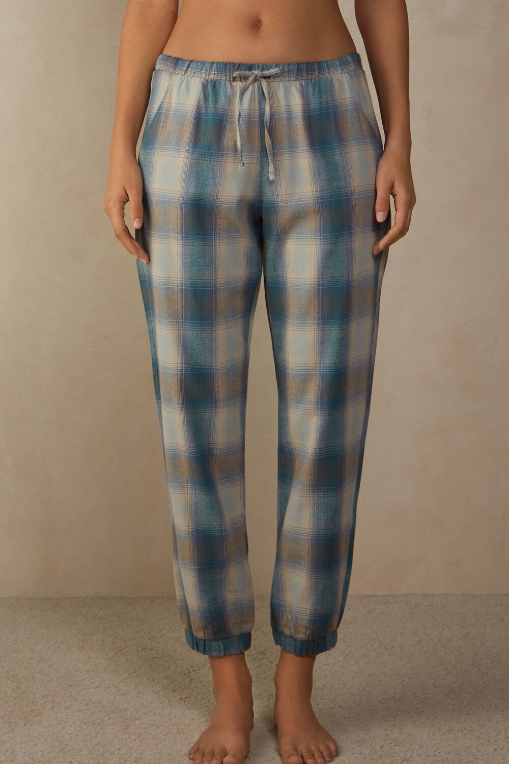 Green - 148j - Evergreen / Blue Nile Check Print Intimissimi Cozy Mountains Brushed Cloth Pants with Cuffs | JXTDW8920