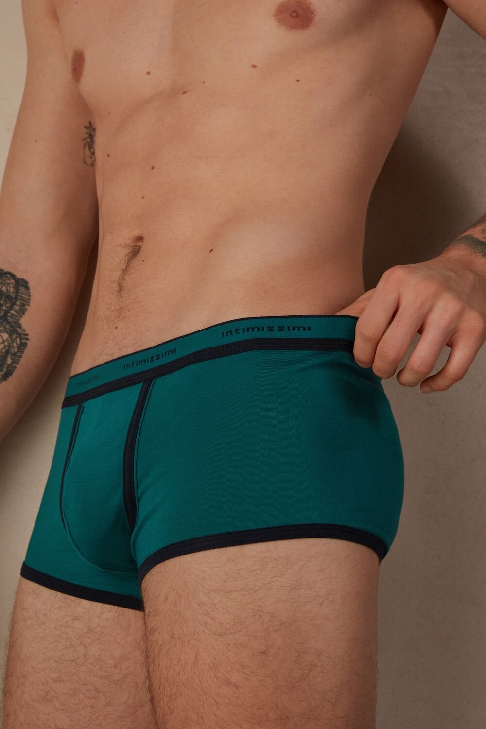 Green - 203j - Teal Green / Midnight Blue Intimissimi Stretch Supima® Cotton Boxer Shorts with Logo Detail | YQSZU5381