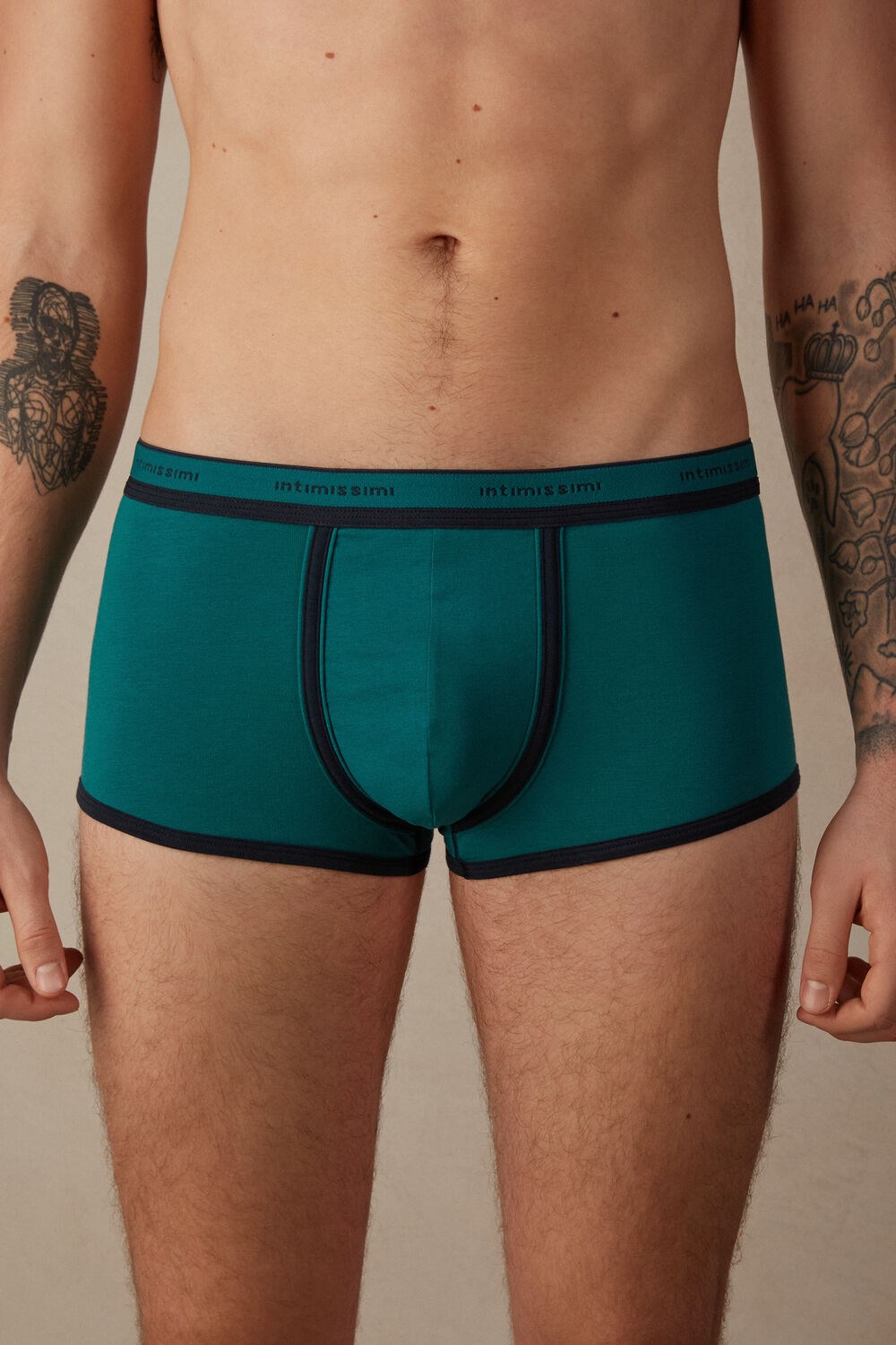 Green - 203j - Teal Green / Midnight Blue Intimissimi Stretch Supima® Cotton Boxer Shorts with Logo Detail | YQSZU5381