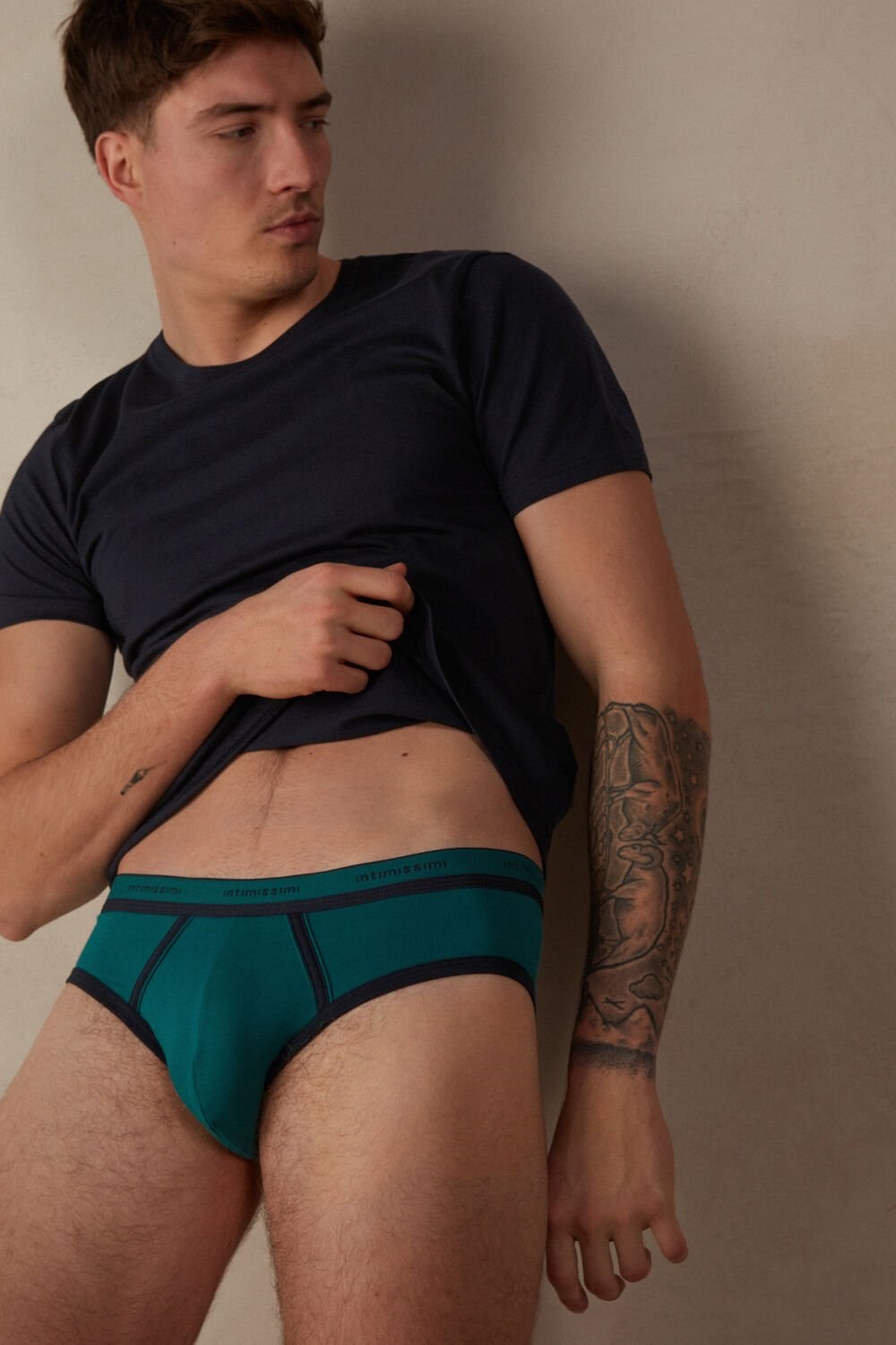 Green - 203j - Teal Green / Midnight Blue Intimissimi Stretch Supima® Cotton Brief with Logo Detail | ZXPQJ2987