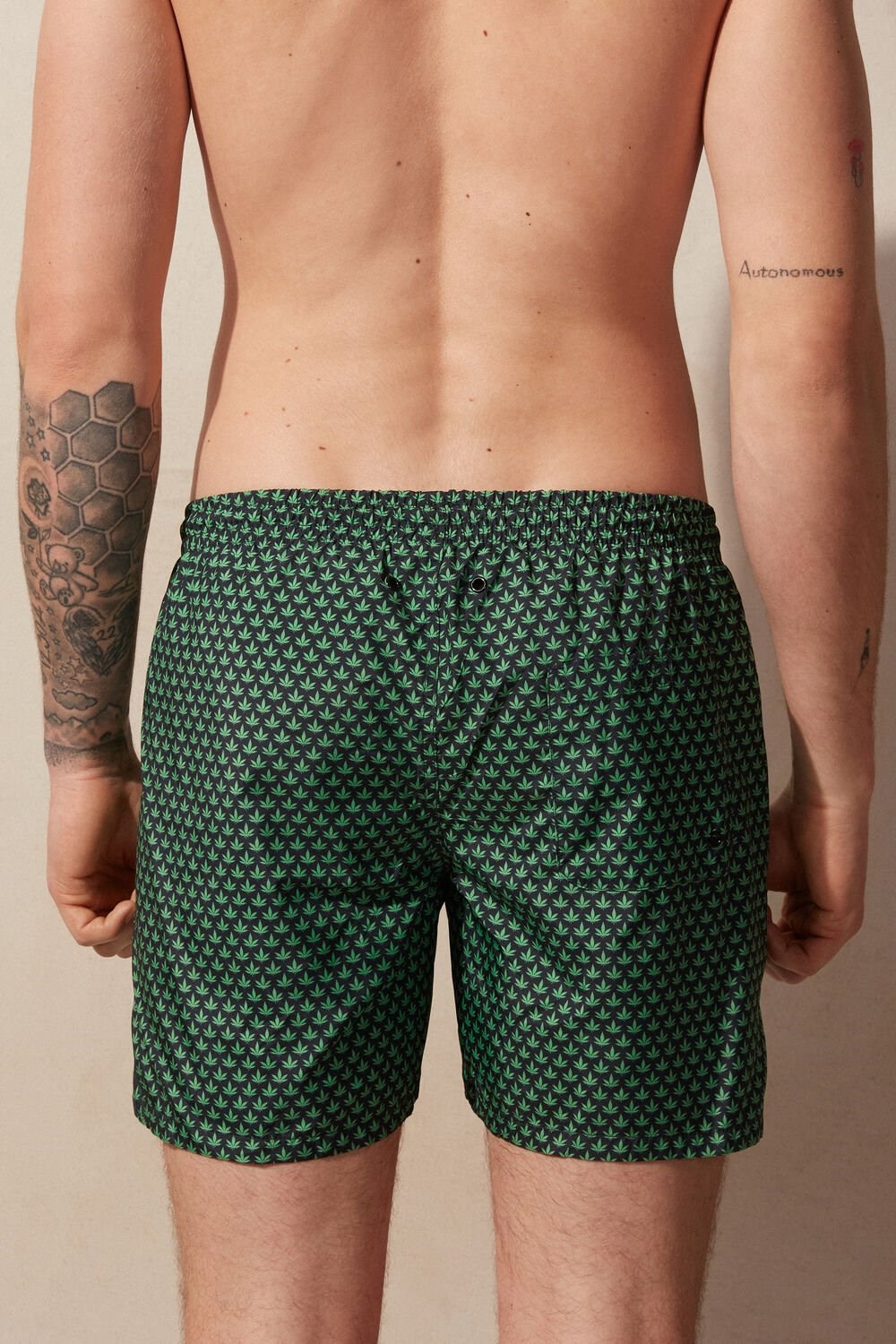 Green - 270j - Black Hemp Microprint Intimissimi Micro Leaf Print Swim Trunks | PWBSI8526