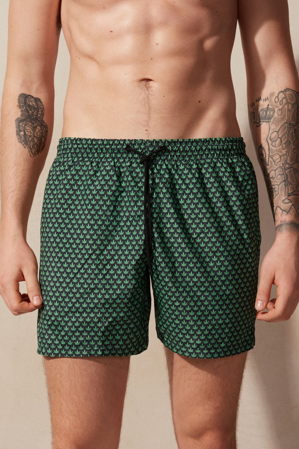 Green - 270j - Black Hemp Microprint Intimissimi Micro Leaf Print Swim Trunks | PWBSI8526