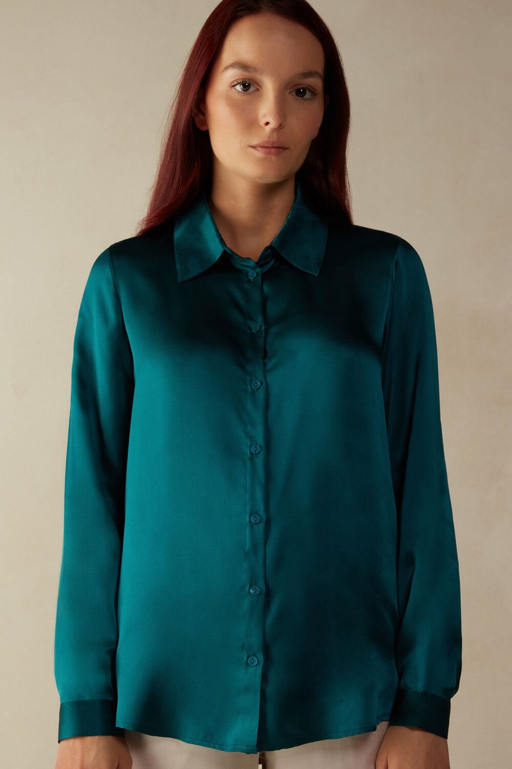 Green - 4572 - Evergreen Intimissimi Long Sleeve Silk Shirt | AMKTF9124