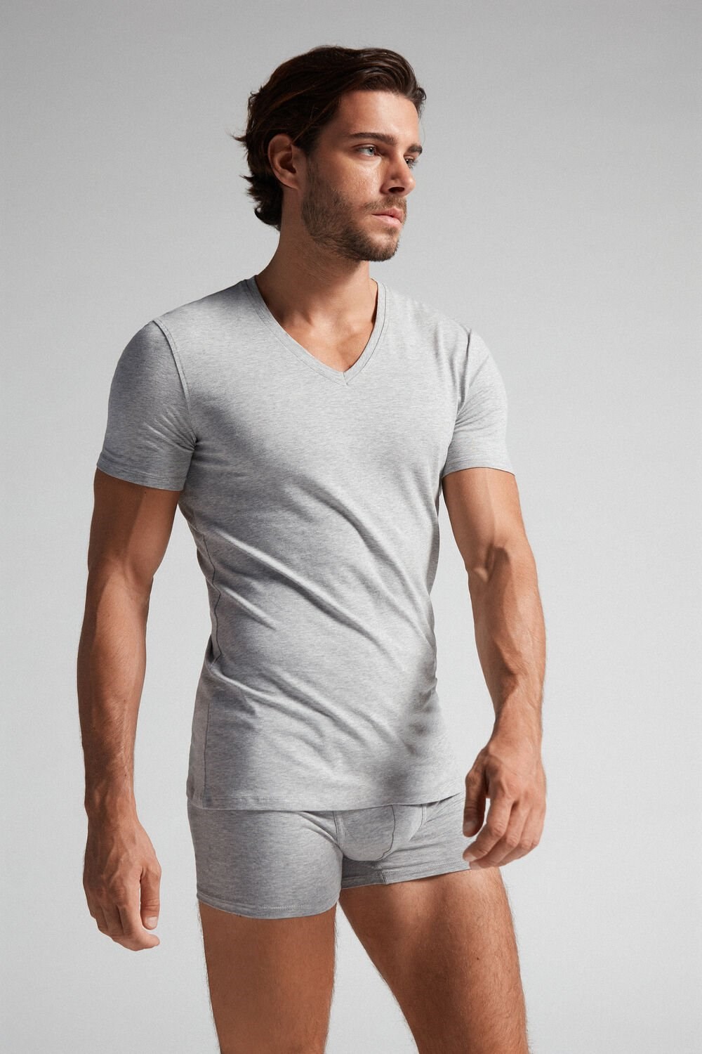 Grey - 031 - Light Heathered Grey Intimissimi V-neck T-shirt in Stretch Supima® Cotton | KBGXN7508