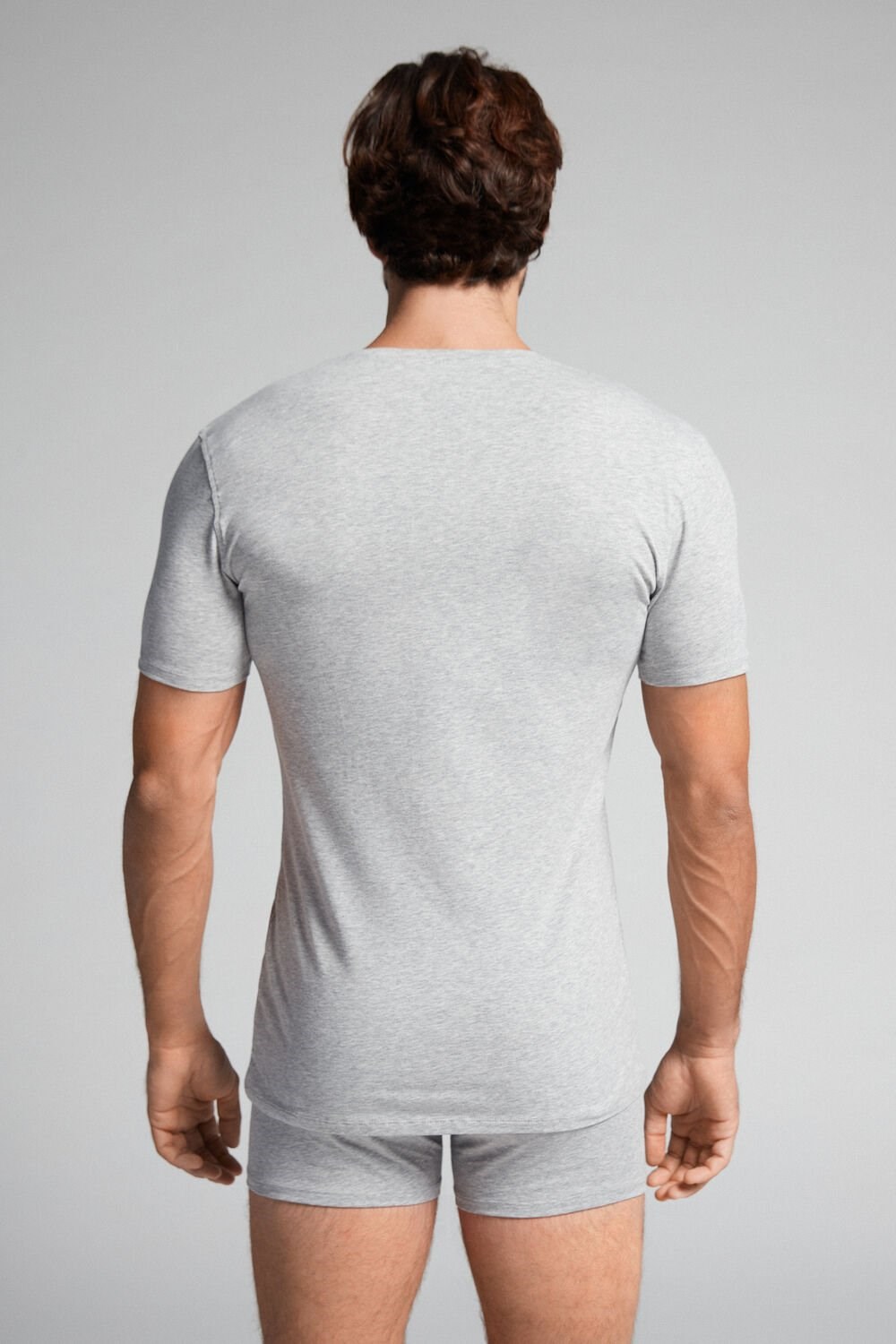 Grey - 031 - Light Heathered Grey Intimissimi V-neck T-shirt in Stretch Supima® Cotton | KBGXN7508