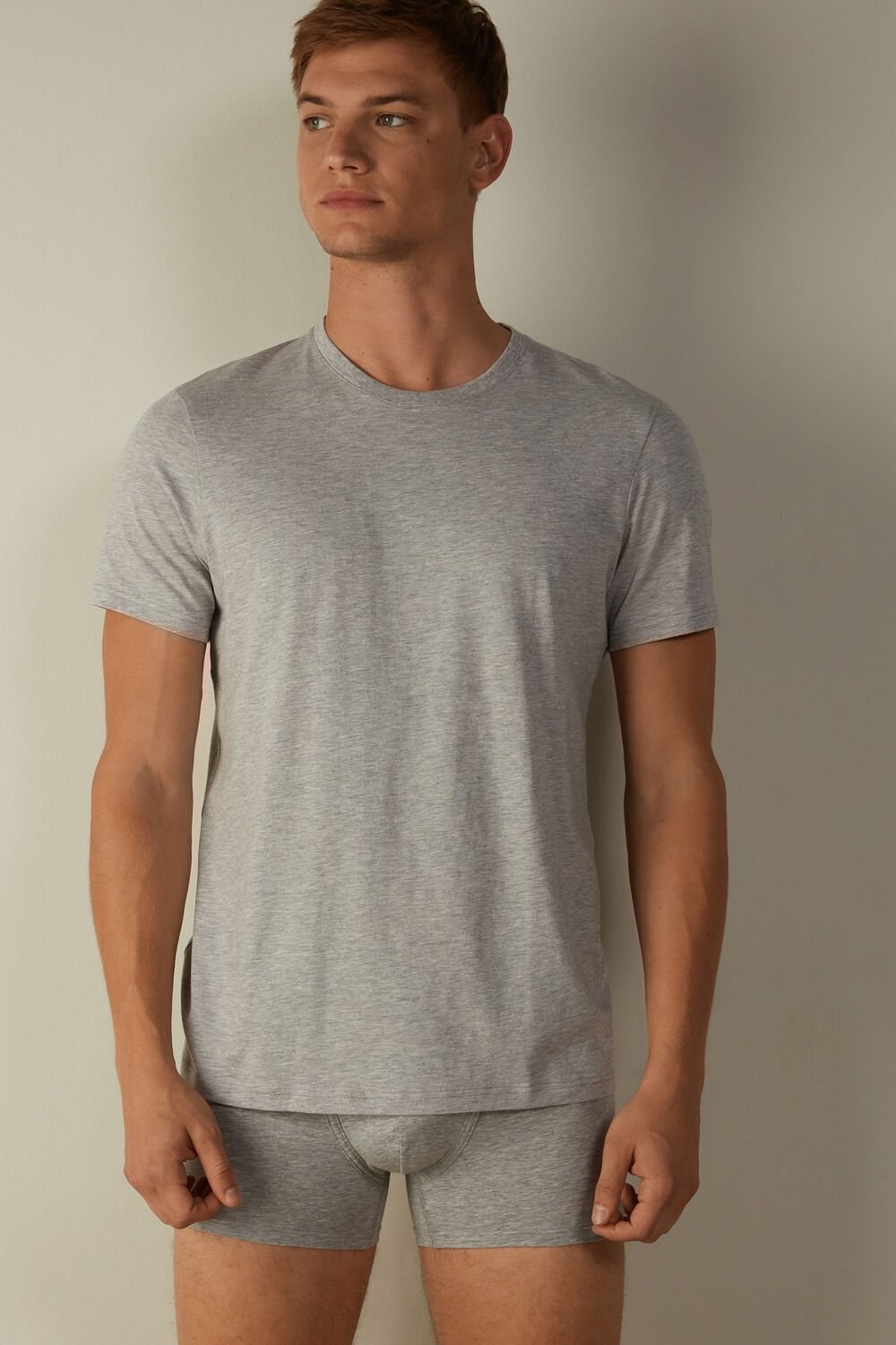 Grey - 031 - Light Heathered Grey Intimissimi Short Sleeve Crew Neck T Shirt in Supima® Cotton | KUGWP9168