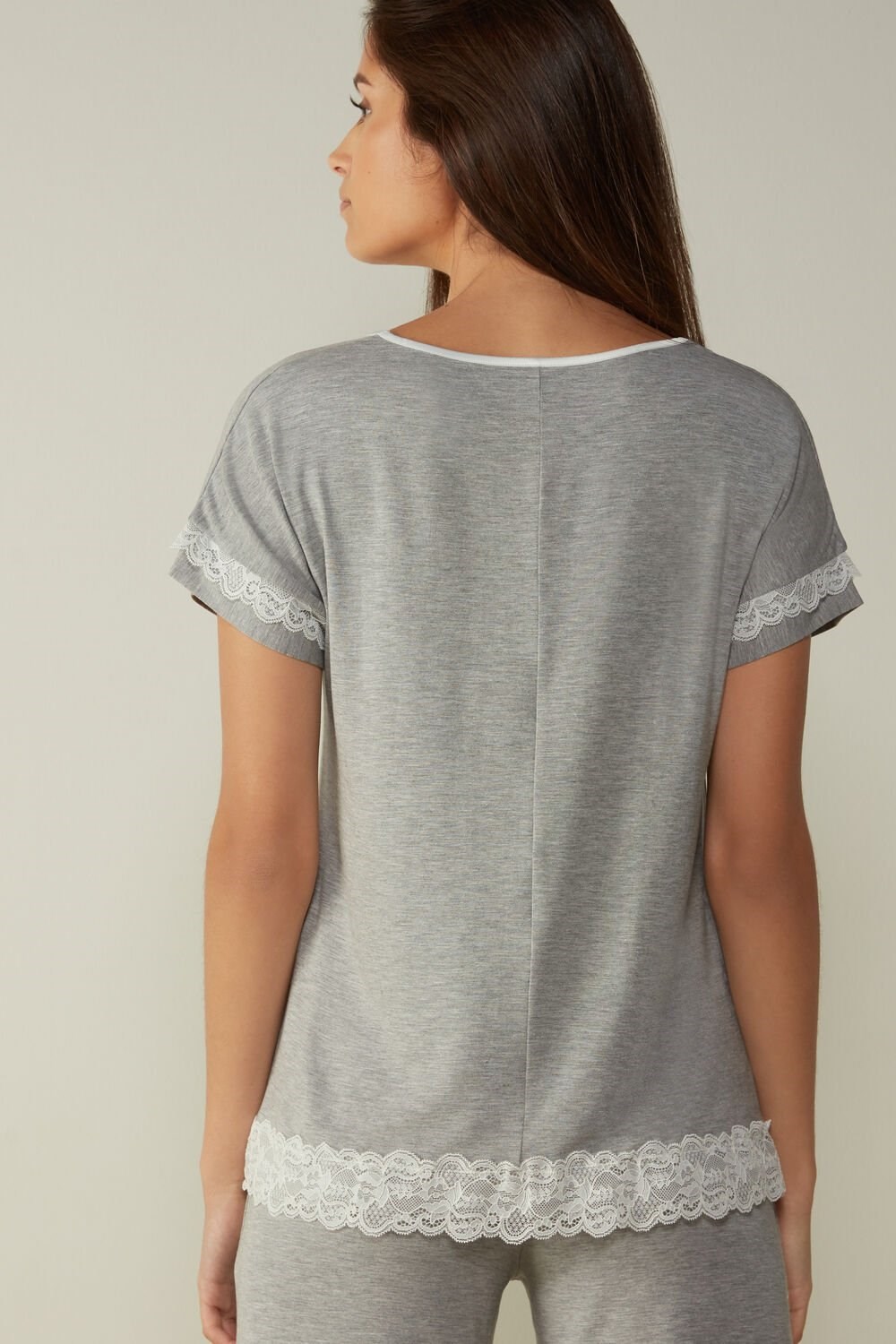 Grey - 031 - Light Heathered Grey Intimissimi Short-Sleeve Modal Top with Lace Detail | NEJMP9536